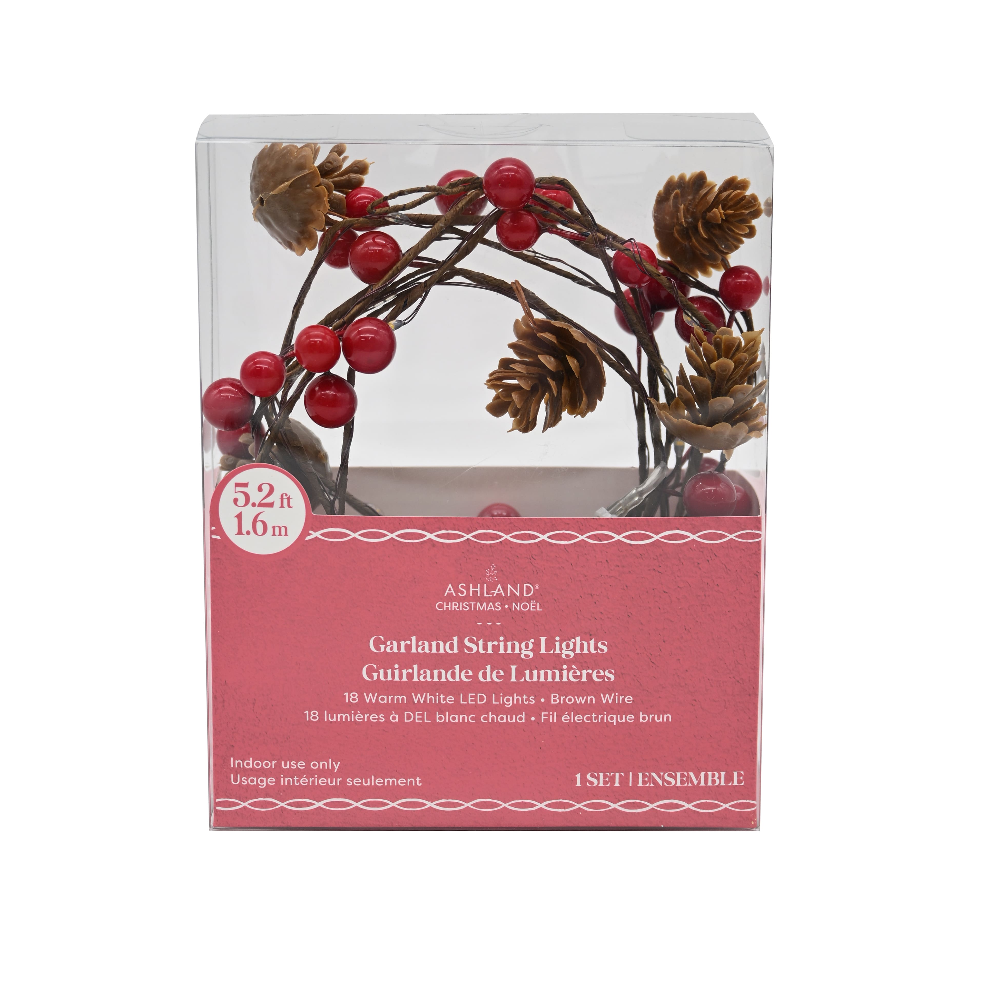 18ct. Warm White LED Red Berry &#x26; Pinecone Garland String Lights on Brown Wire by Ashland&#xAE;