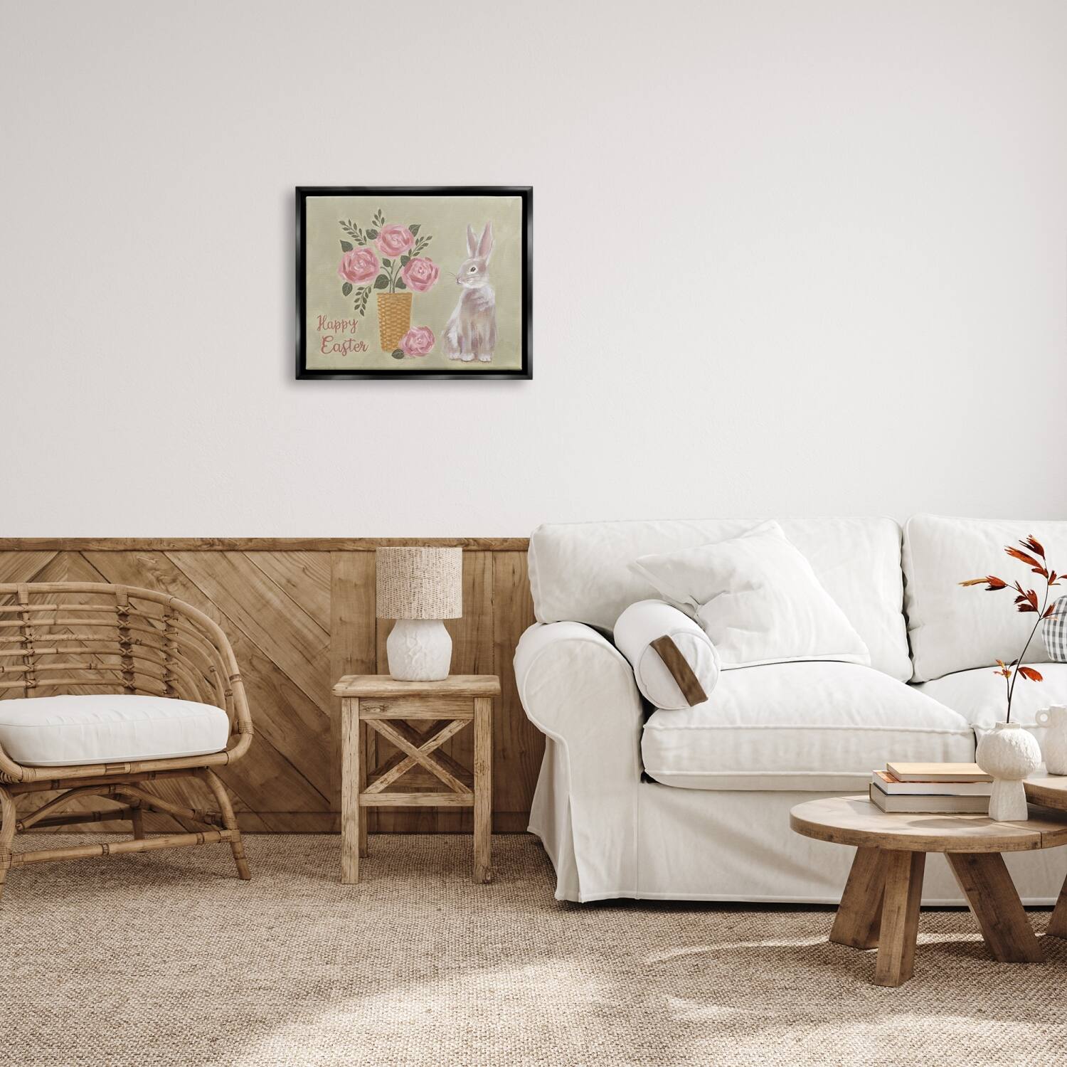 Stupell Industries Happy Easter Bunny Rose Bouquet Floater Framed Art