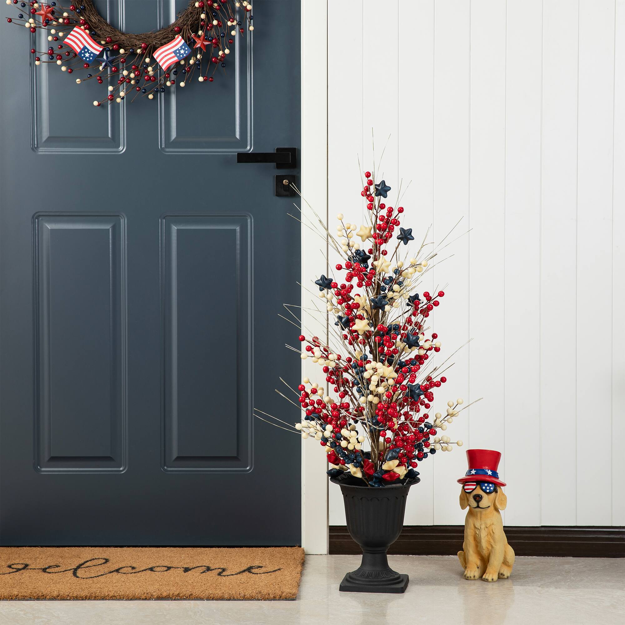Glitzhome® 36" Lighted Patriotic Americana Berry & Stars Urn Porch Tree