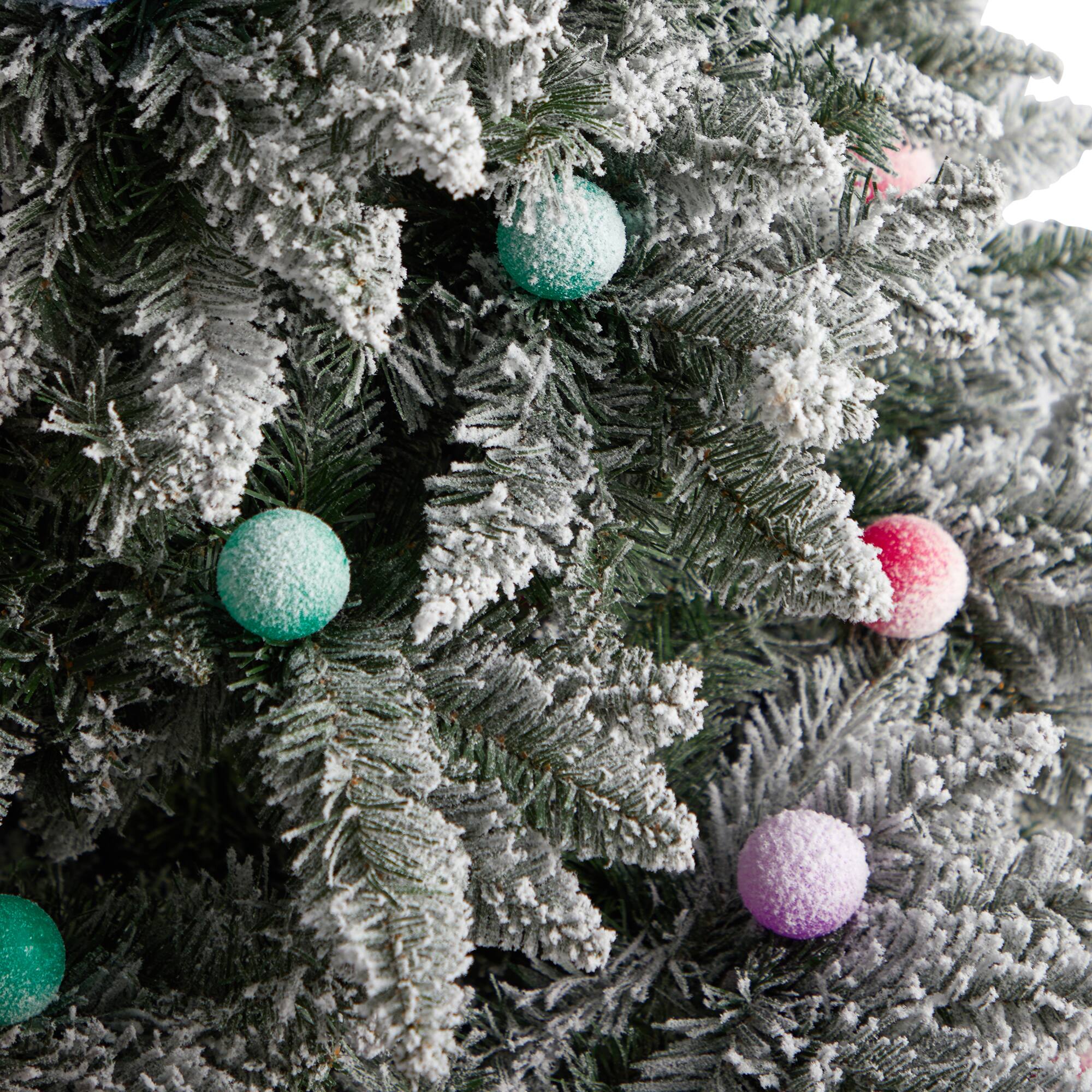 8.5ft. Pre-Lit Flocked British Columbia Mountain Fir Artificial Christmas Tree, Multicolor Globe Bulbs