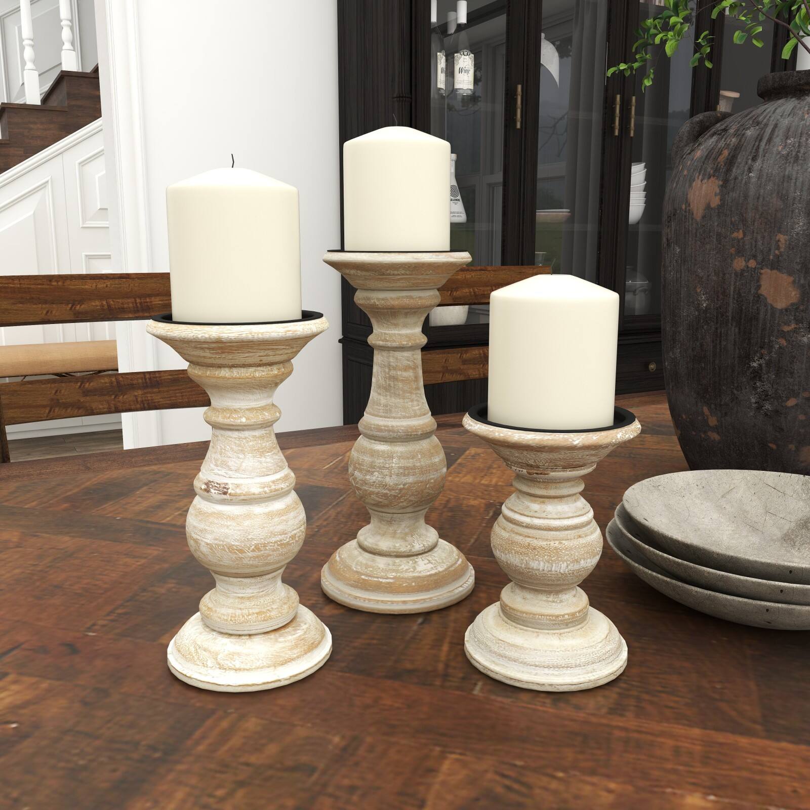 Mango Wood Traditional Candle Holder Set