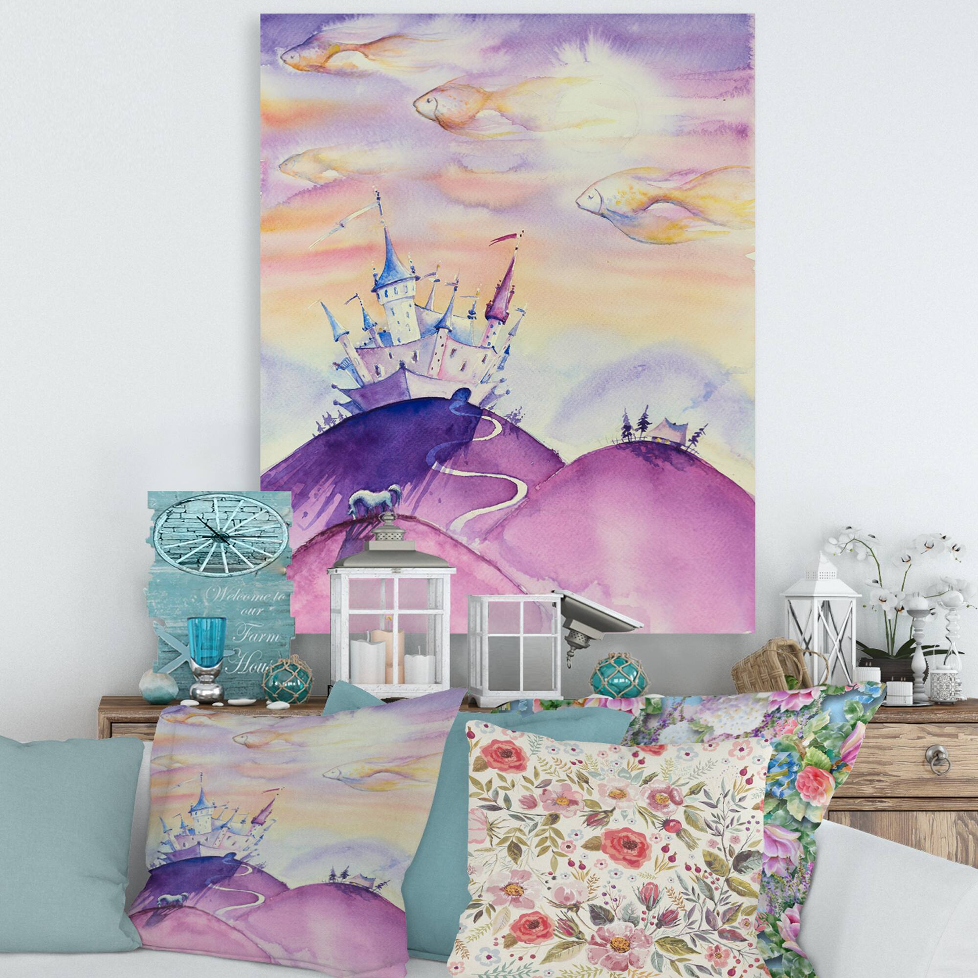 Designart - Fairy Tale Kingdom On Purple Mountain Top - Children&#x27;s Art Canvas Wall Art Print