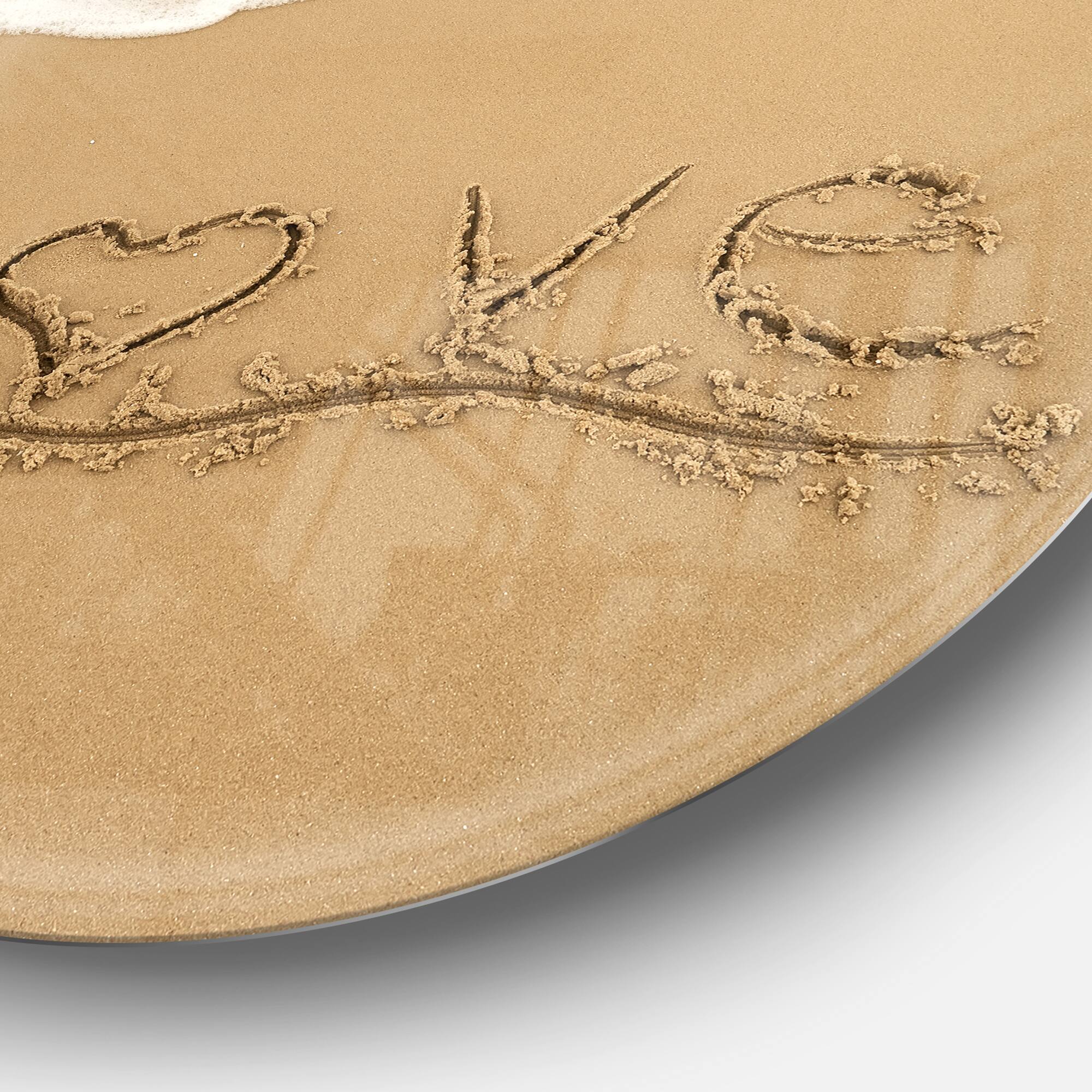 Designart - Love Written on Sandy Seashore&#x27; Seashore Metal Circle Wall Art