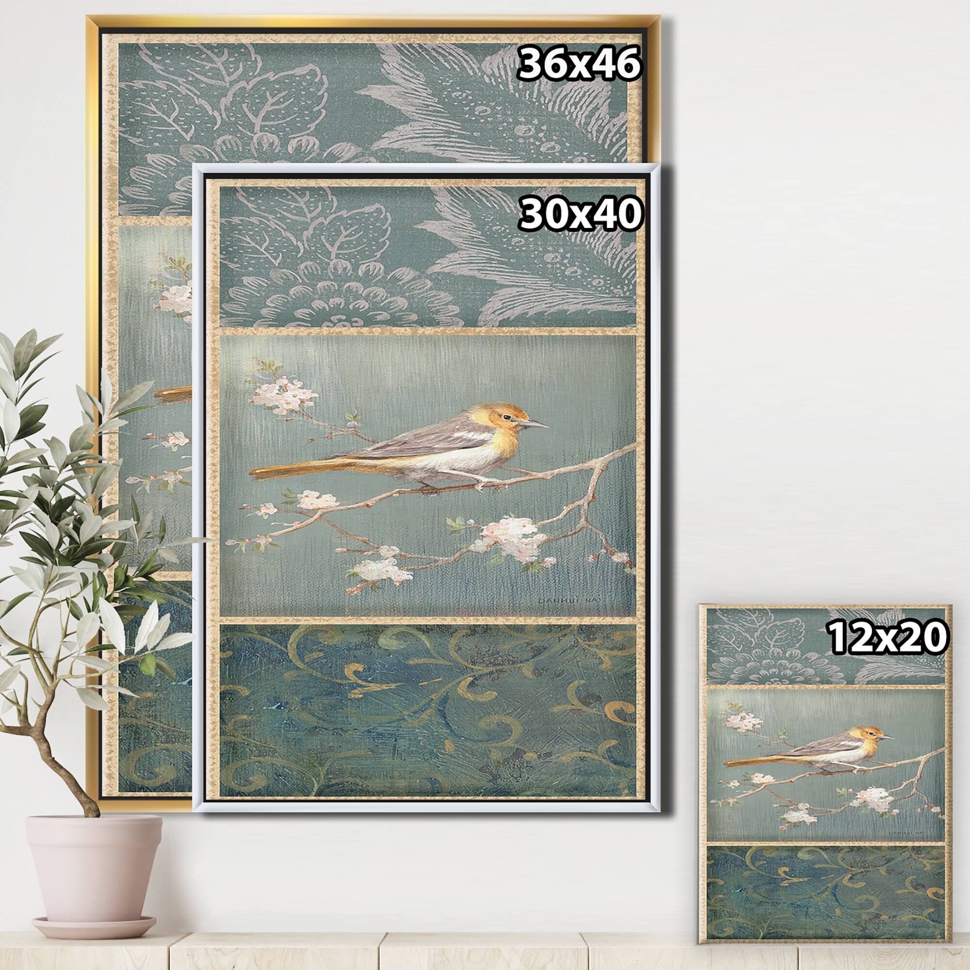 Designart - Farmhouse Triptych of Blue Ornaments And Oriole - Farmhouse Canvas in Gold Frame