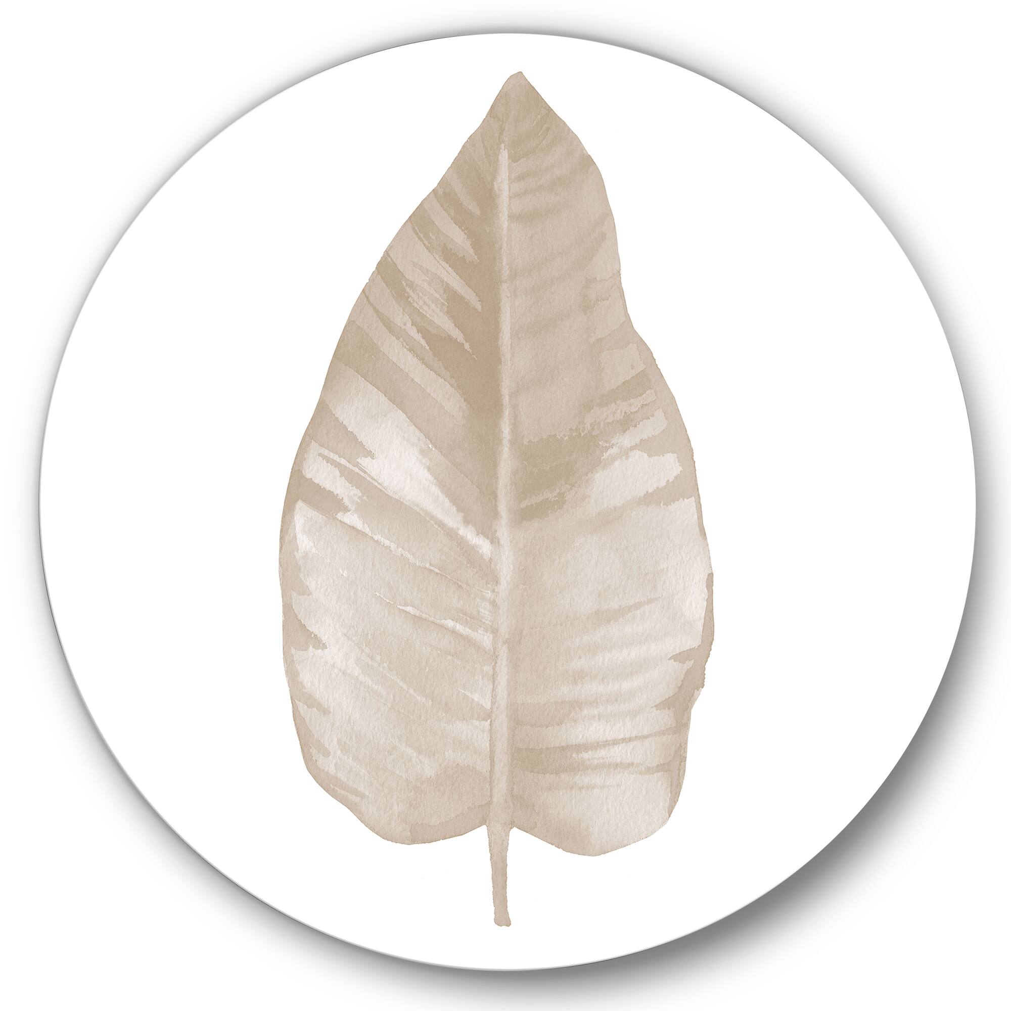 Designart - Dried Leaf Plant Beige On White - Traditional Metal Circle Wall Art