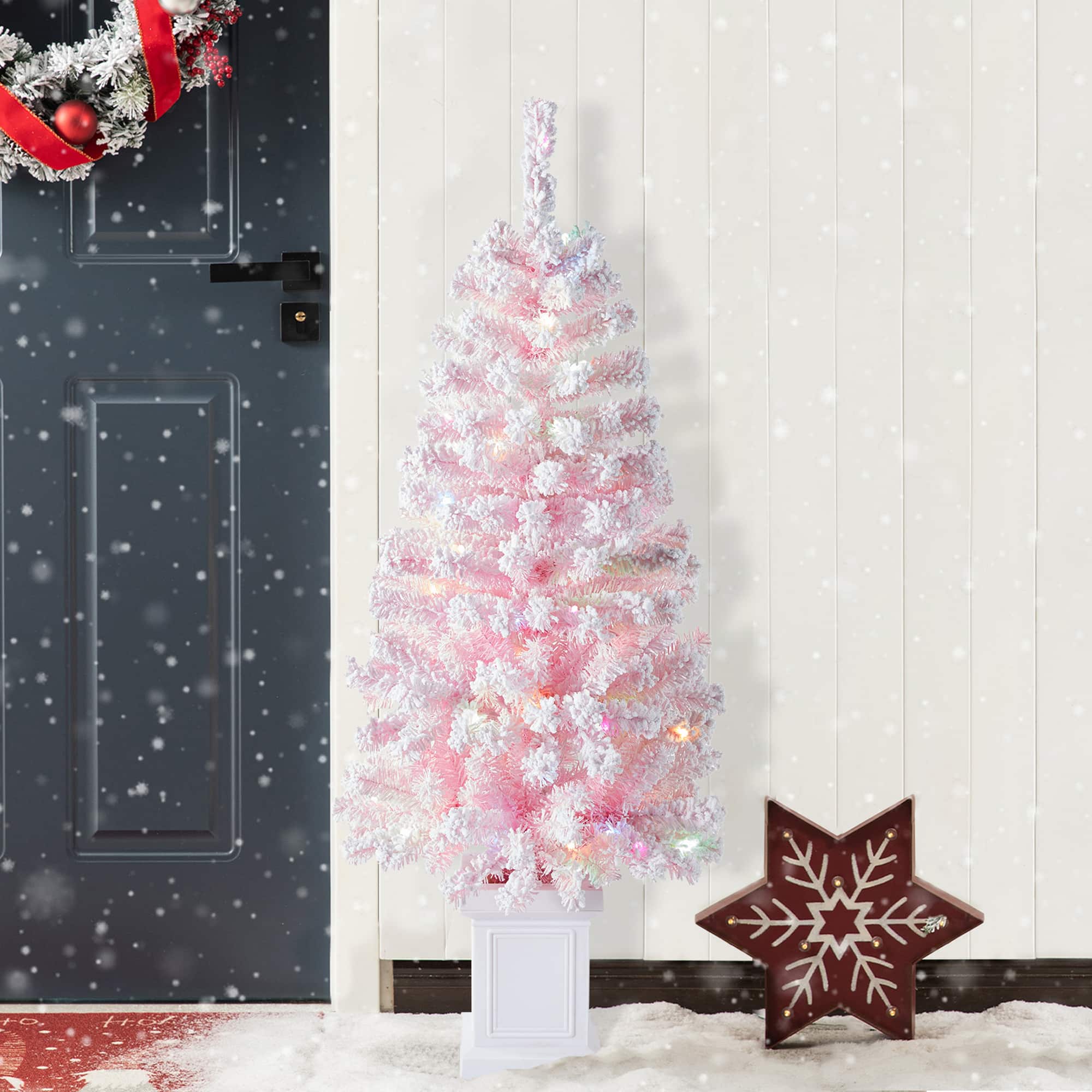 Glitzhome&#xAE; 4ft Pre-Lit Flocked Pink Artificial Christmas Porch Tree, Multi-color LED Lights