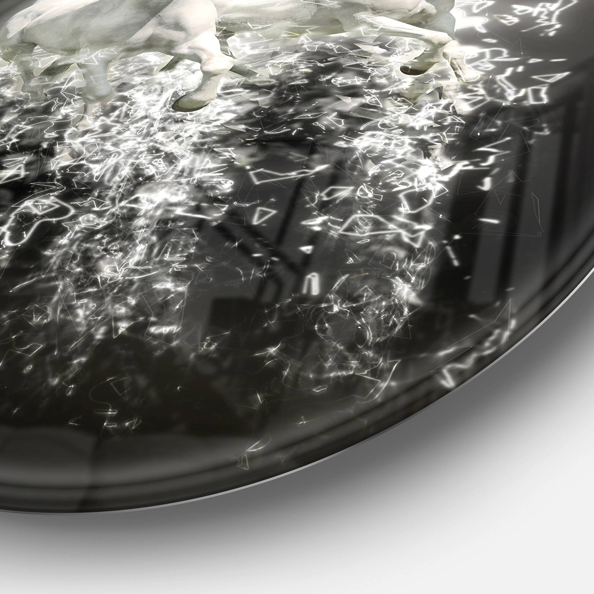 Designart - Fantasy White Horses on Black&#x27; Ultra Glossy Animal Oversized Metal Circle Wall Art