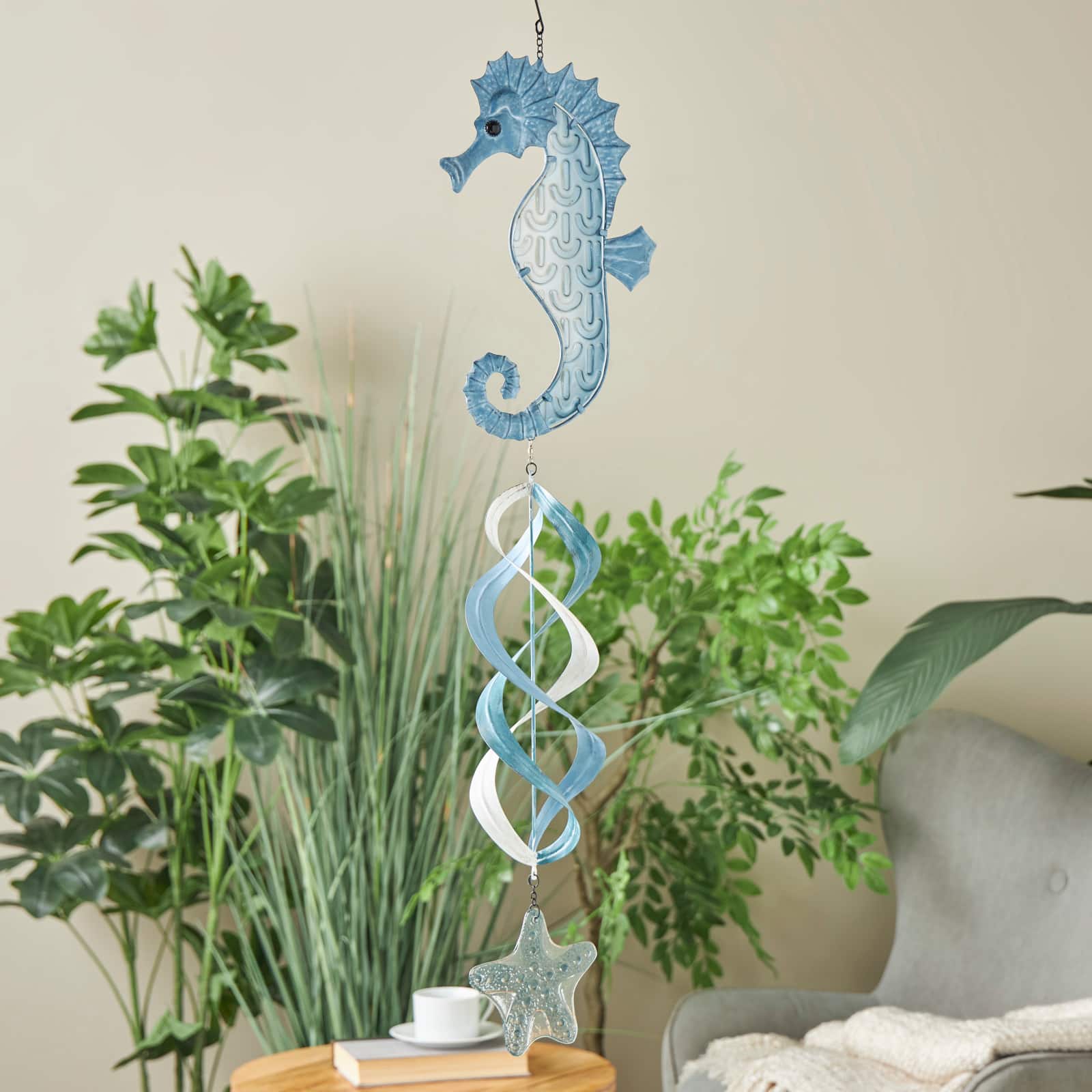 38" Blue Swirl Wind Spinner Metal Seahorse & Starfish Windchime
