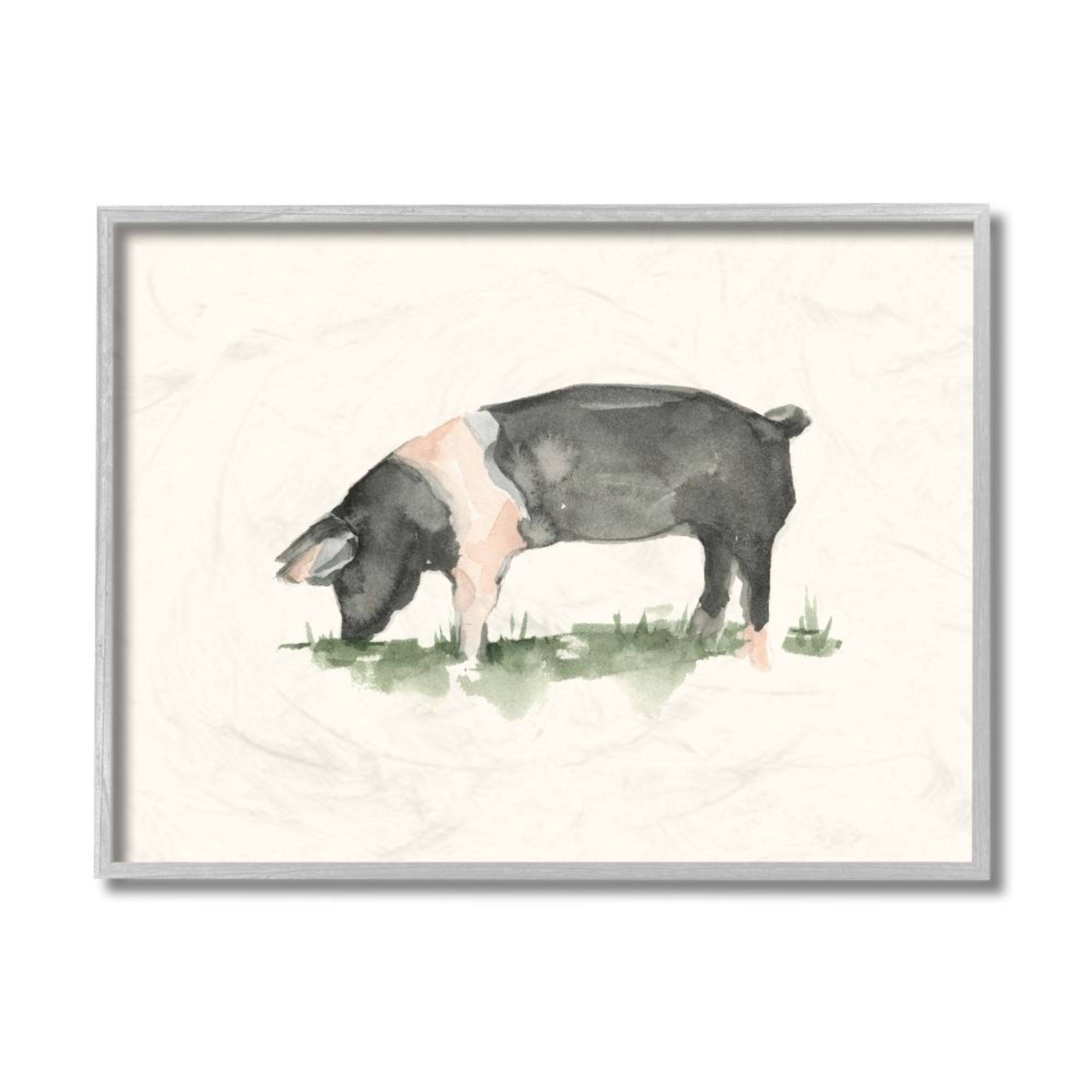 Stupell Industries Farm Pig Grazing Watercolor Wall Art in Gray Frame