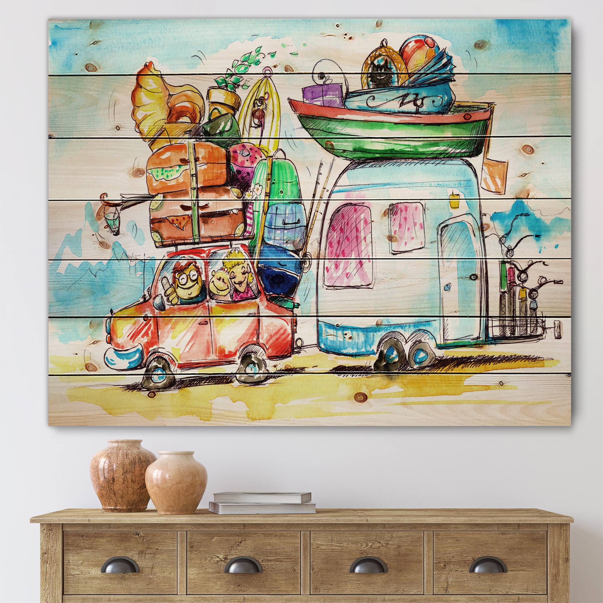 Designart - Family Travel With Caravans - Farmhouse Print on Natural Pine Wood