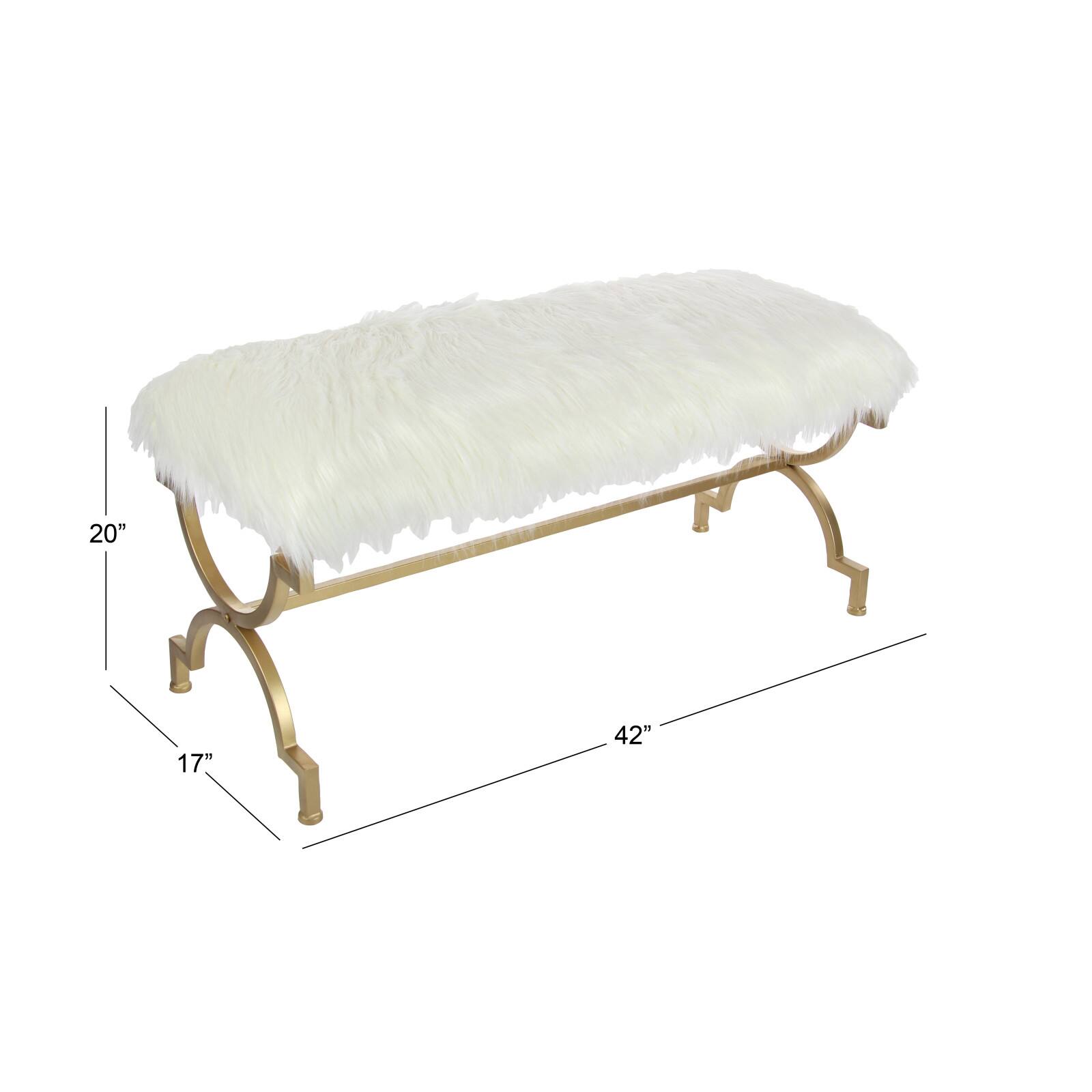 White Fur &#x26; Metal Contemporary Bench