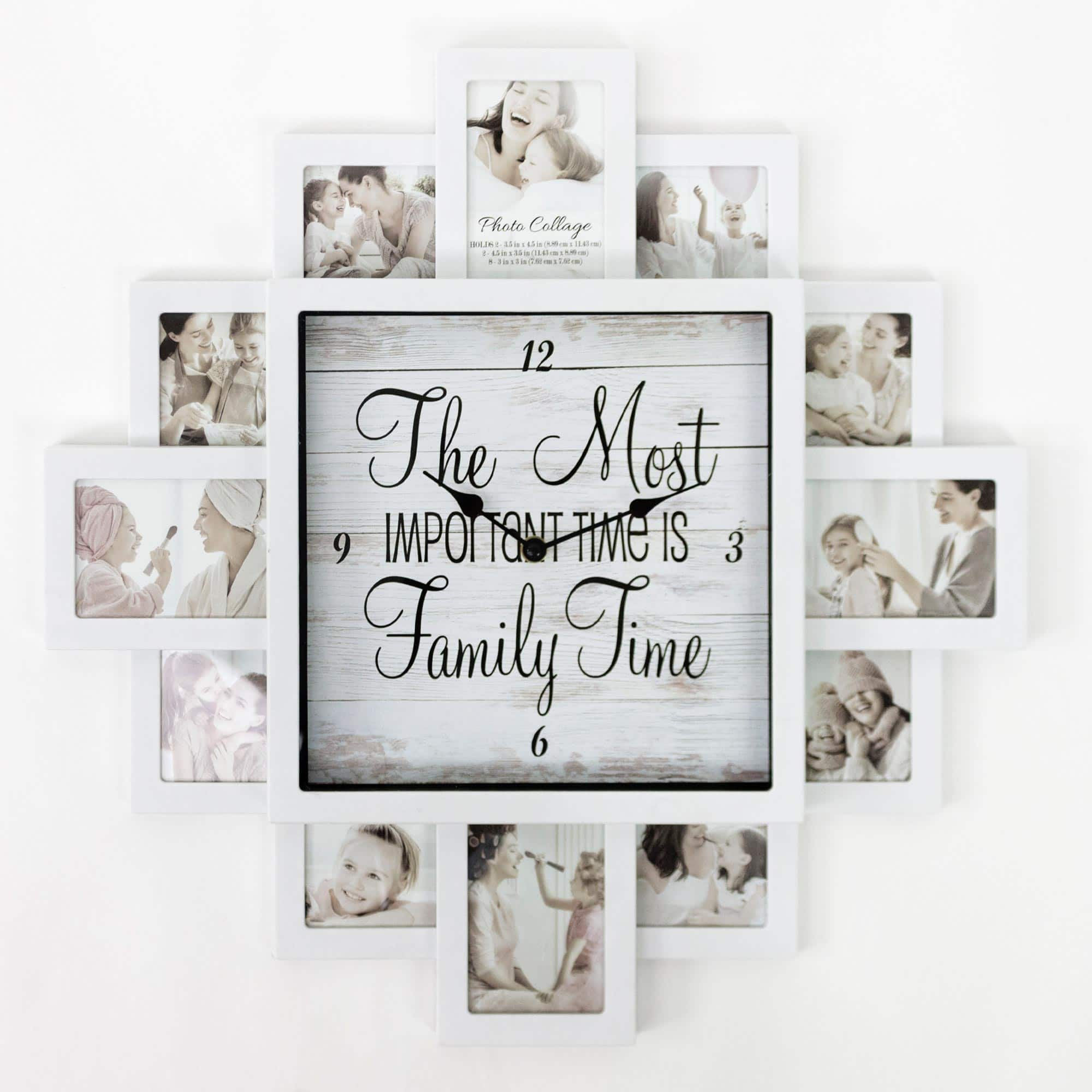 White Farmhouse Shabby-Chic &#x22;Family Time&#x22; Picture Frame Wall Collage Clock