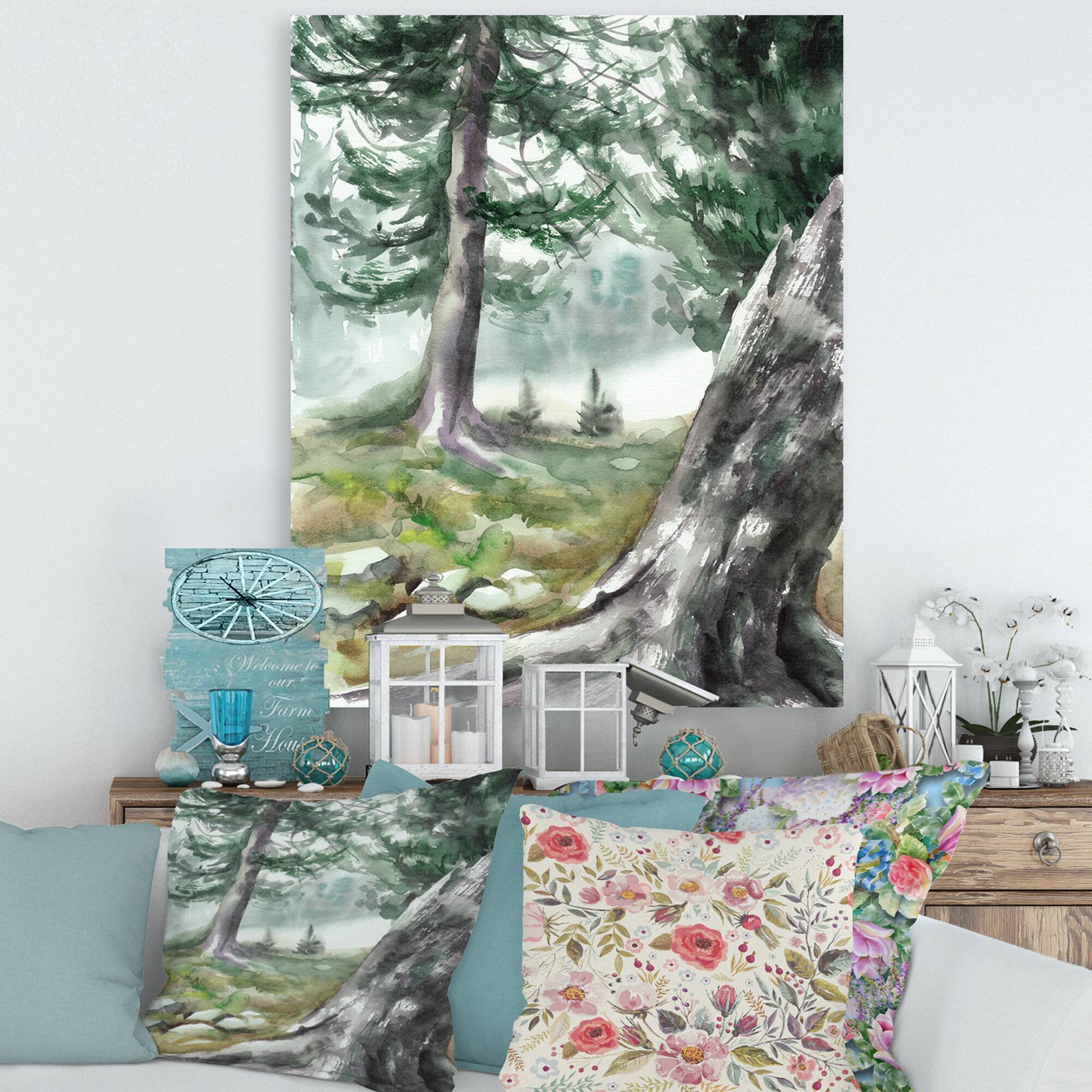 Designart - Pine Forest In The Early Morning - Lake House Canvas Wall Art Print