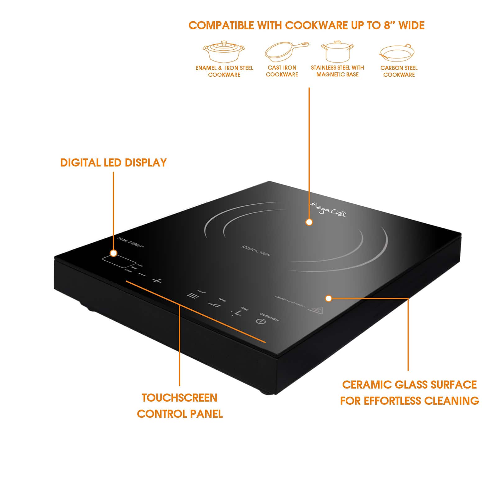 MegaChef Portable 1400W Single Induction Countertop Cooktop With Digital Control Panel