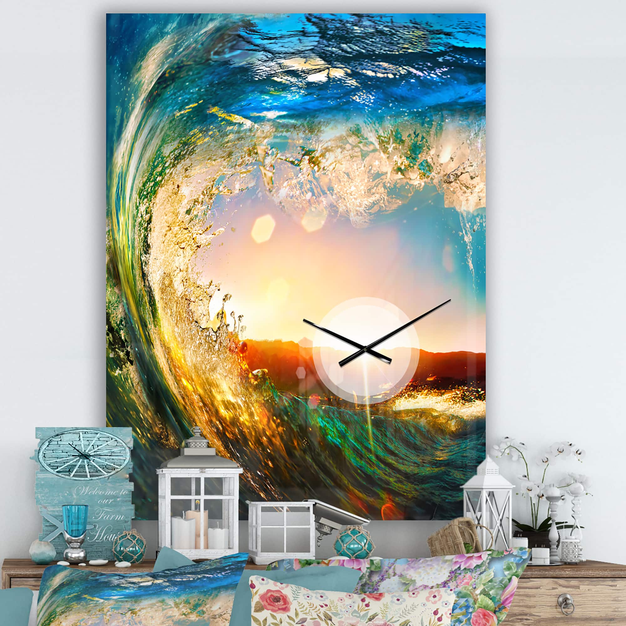 Designart 'Colored Ocean Waves Falling Down Modern Rectangular Wall Clock