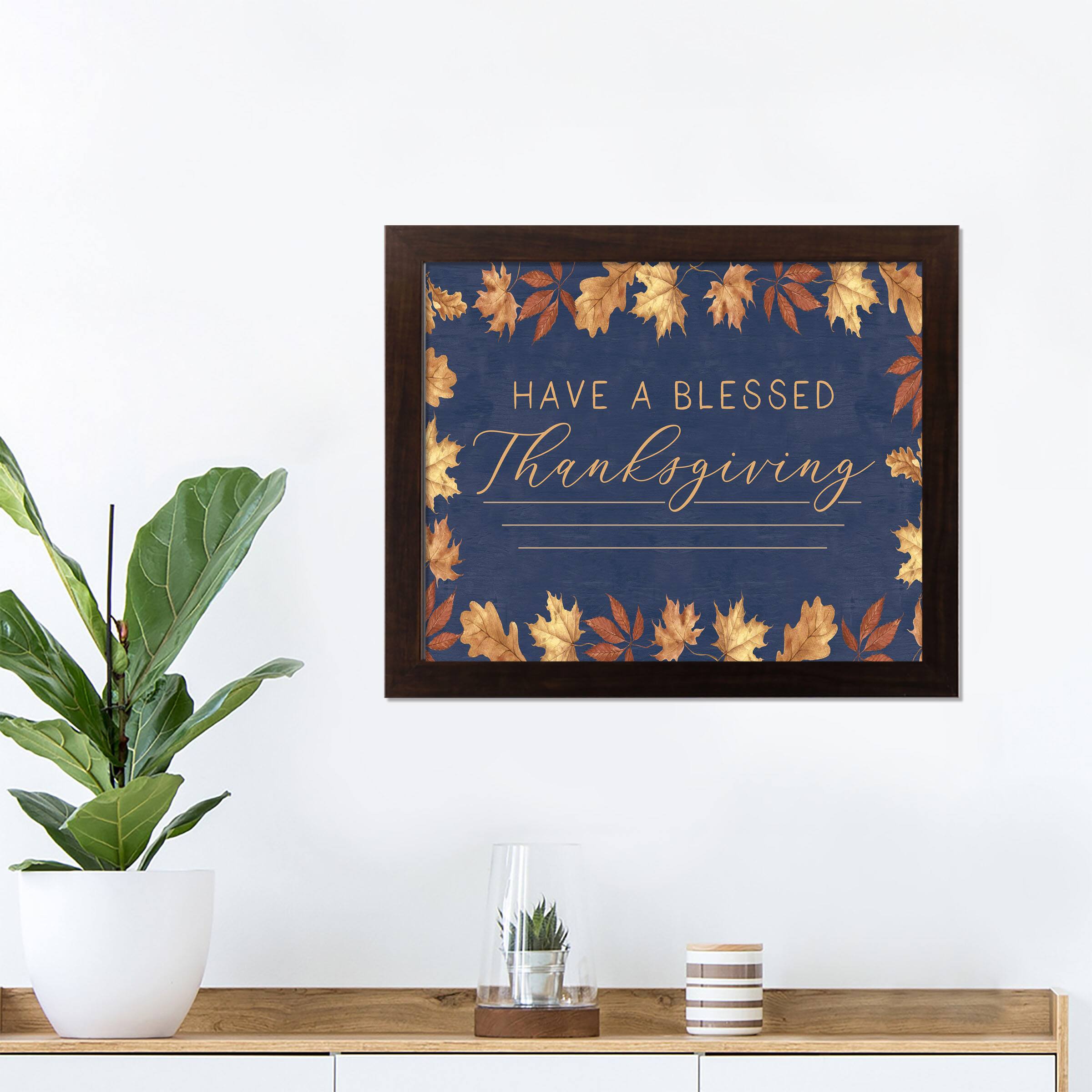Blessed Thanksgiving Blue & Gold Walnut Framed Print Under Plexiglass