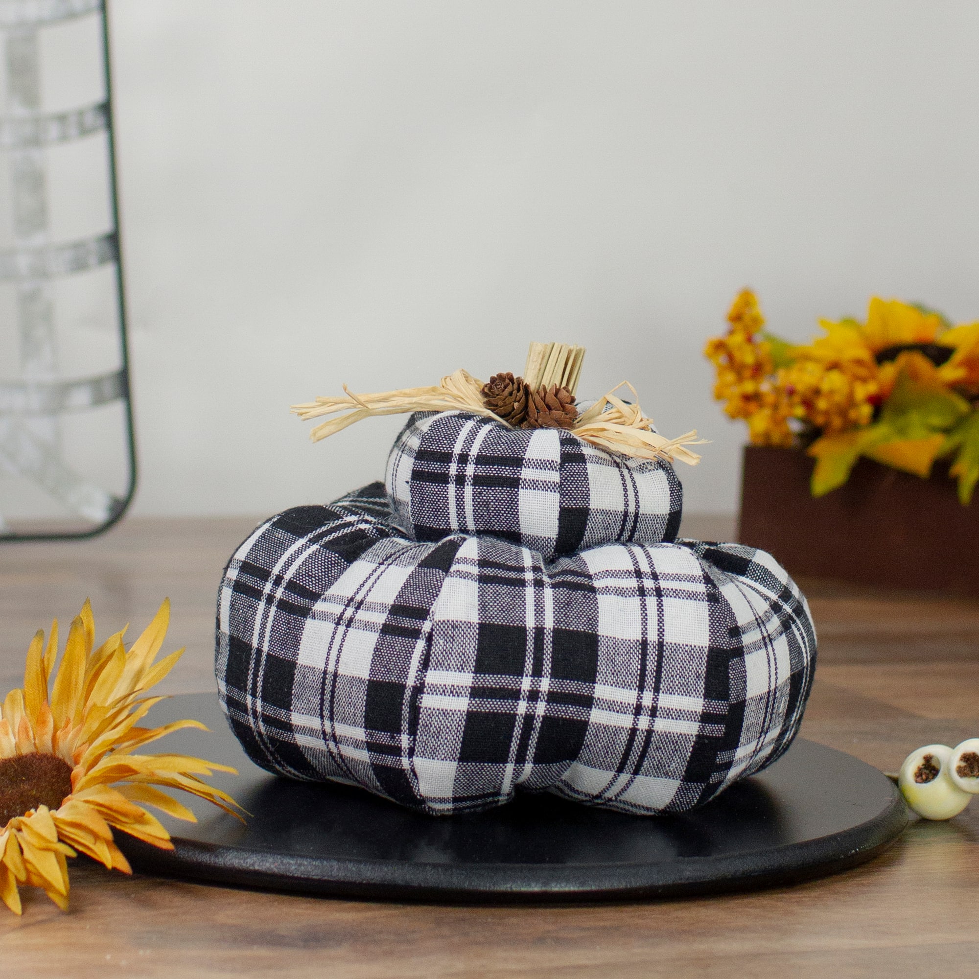 5.5&#x22; Black &#x26; White Plaid Stacked Fall Harvest Tabletop Pumpkin