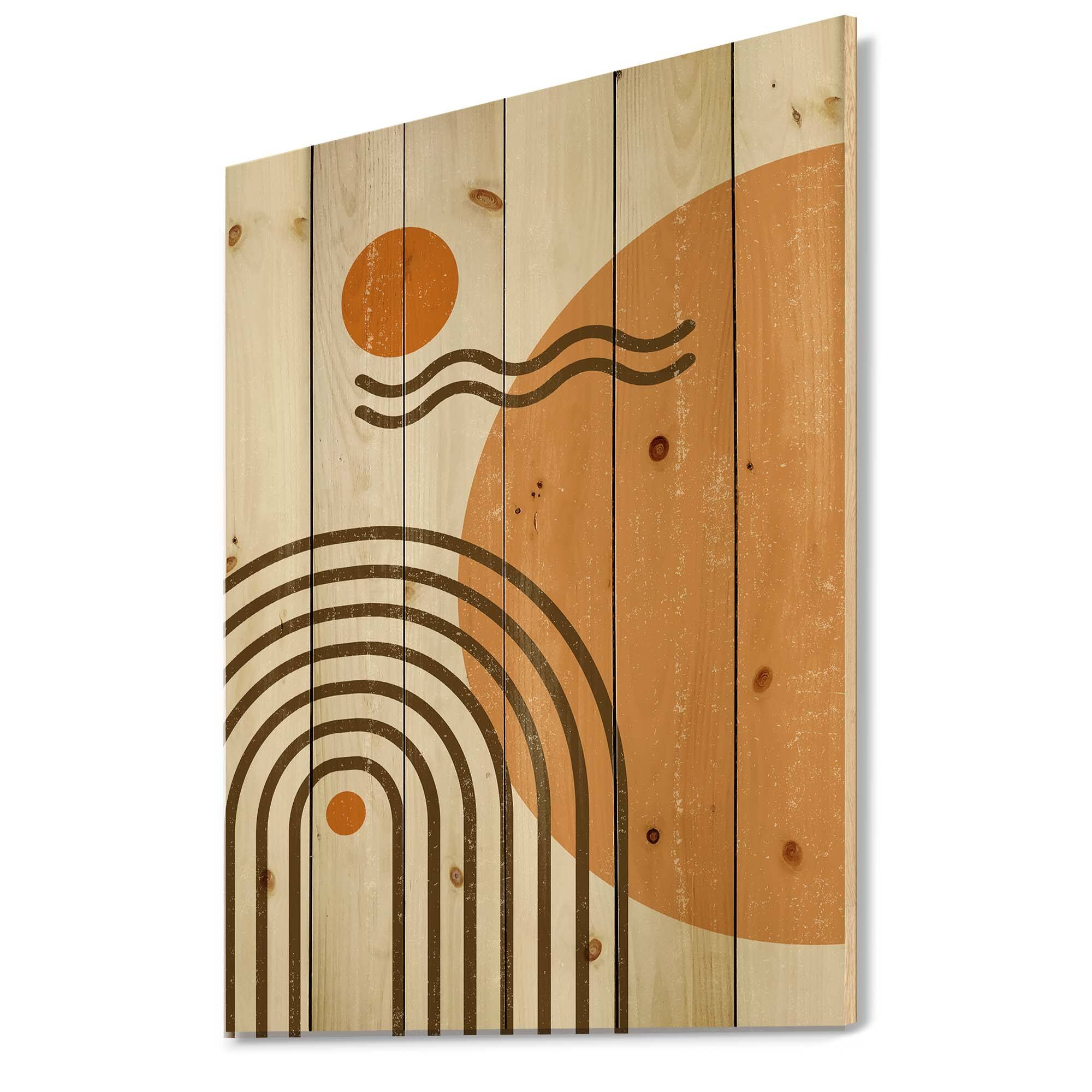 Designart - Abstract Rainbow Sun and Moon In Earth Tones II - Modern Print on Natural Pine Wood