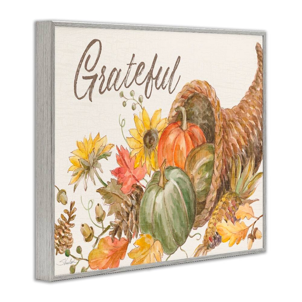 Stupell Industries Grateful Sentiment Autumn Harvest Cornucopia Pumpkins Framed Giclee Art