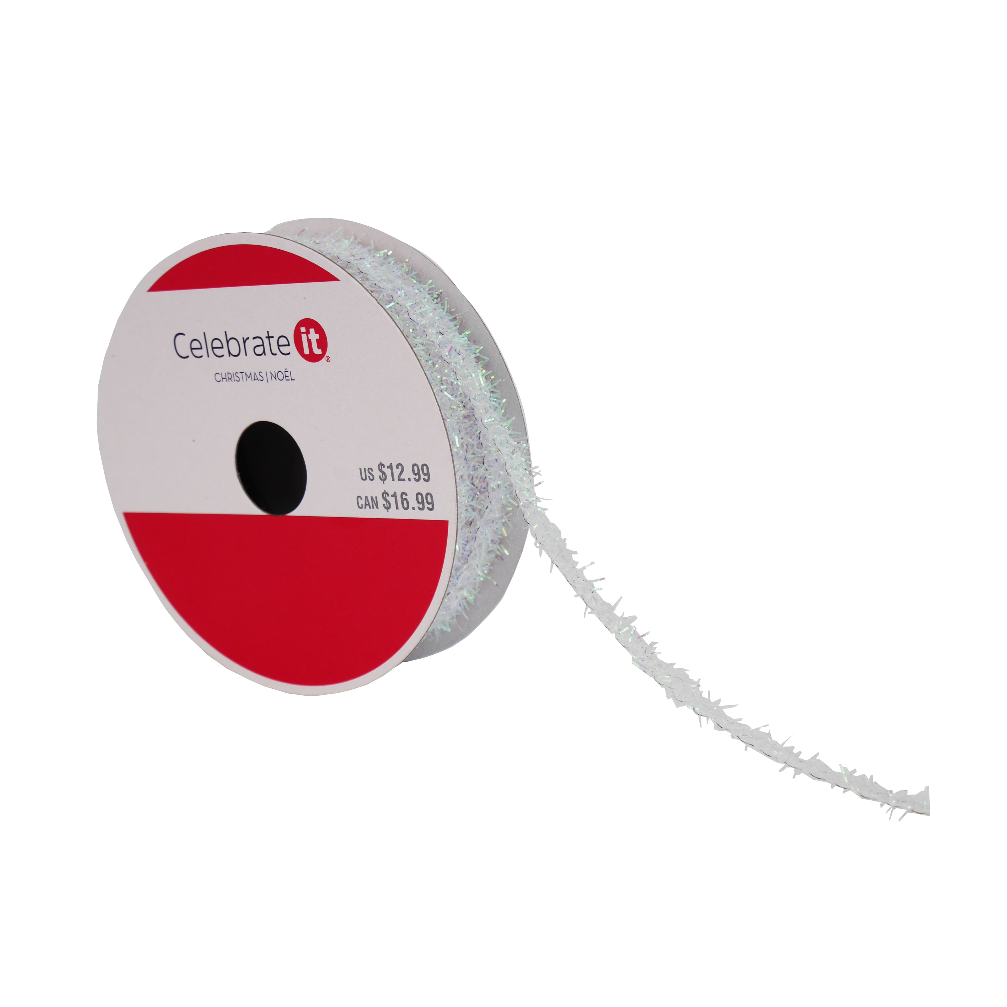 0.47&#x22; x 30ft. White Tinsel Trim Wired Ribbon by Celebrate It&#xAE; Christmas