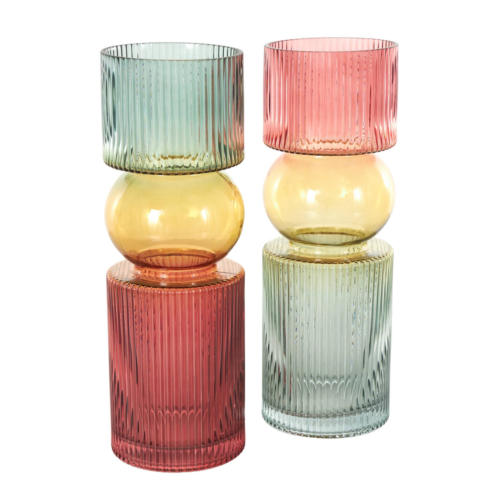 14" Multicolor Abstract Glass Ribbed Vase Set
