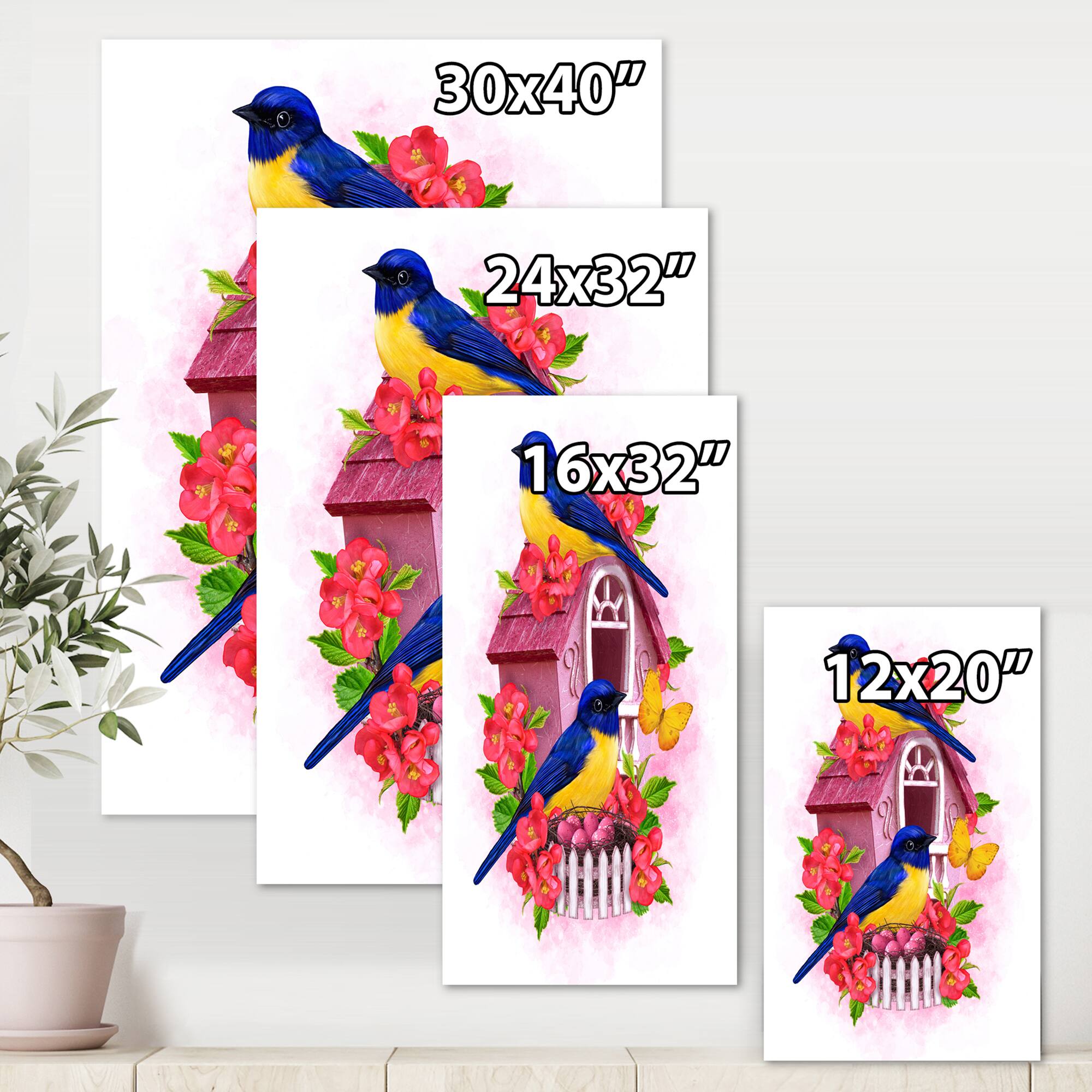 Designart - Two Blue &#x26; Yellow Tit Birds Sitting Near The Nest - Traditional Canvas Wall Art Print