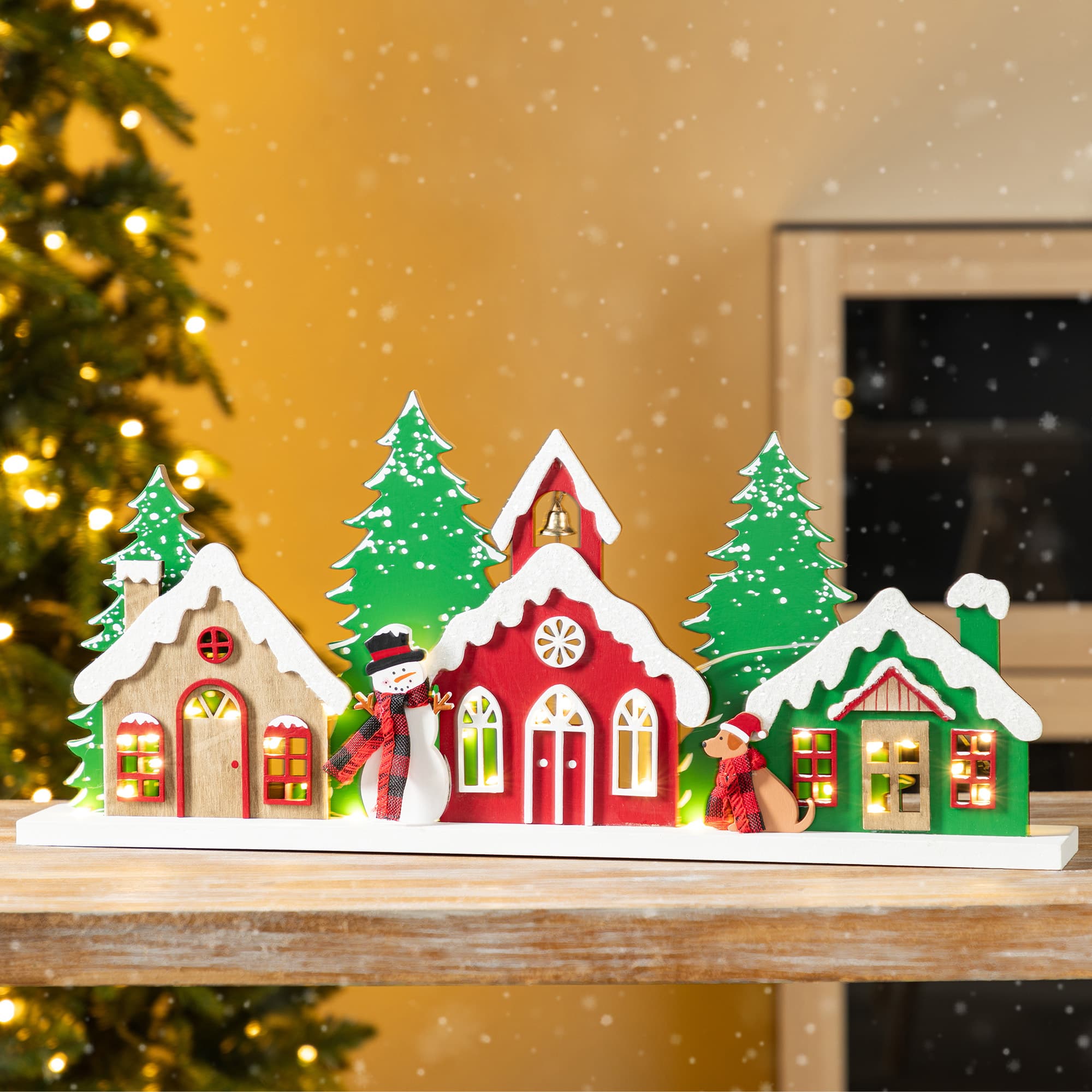 Glitzhome&#xAE; 20&#x22; Lighted Wooden Christmas Villages Table Decor