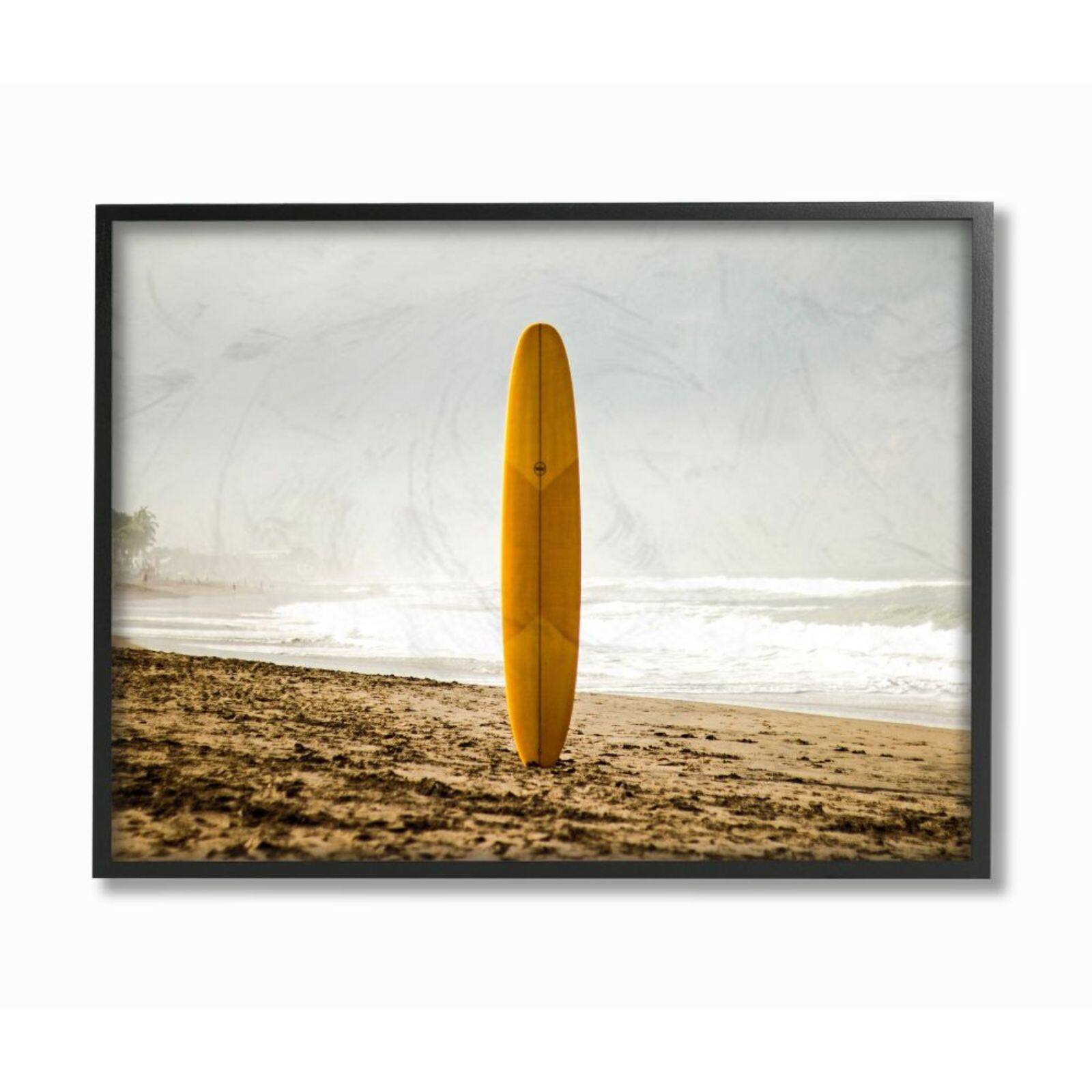 Stupell Industries Yellow Surfboard in Sand Black Framed Wall Art