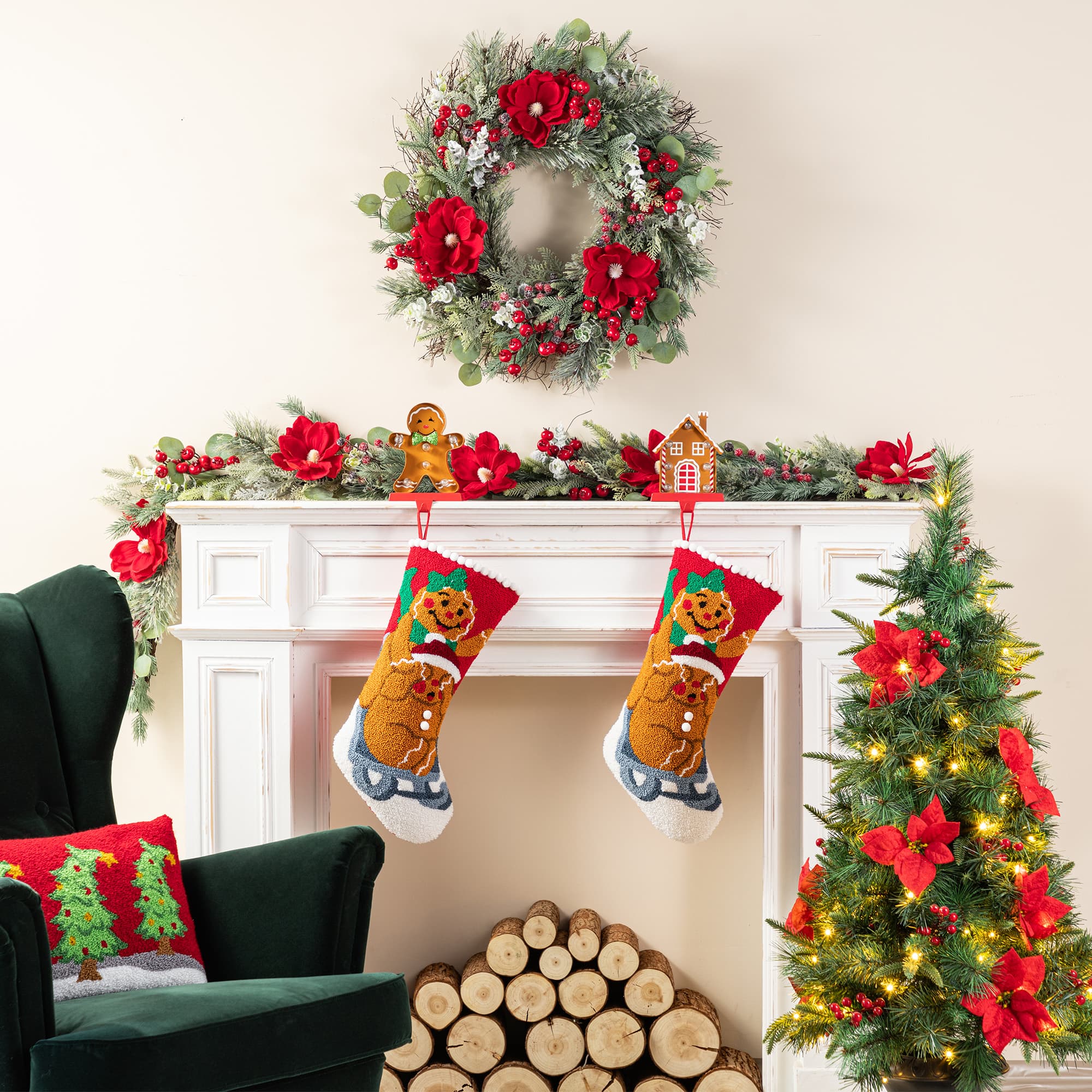 Glitzhome® 21"L Hooked Christmas Gingerbread Man Stocking