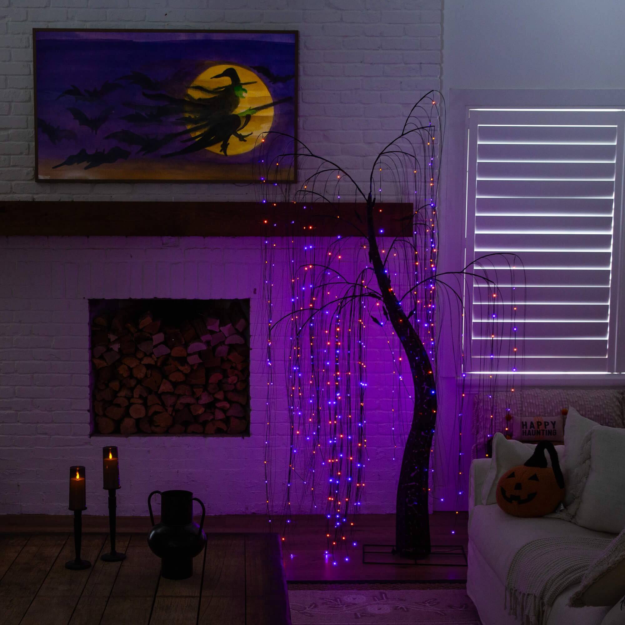 7ft. Pre-Lit Artificial Halloween Black Willow Tree with 600 Purple and Orange Dual Color LED Lights