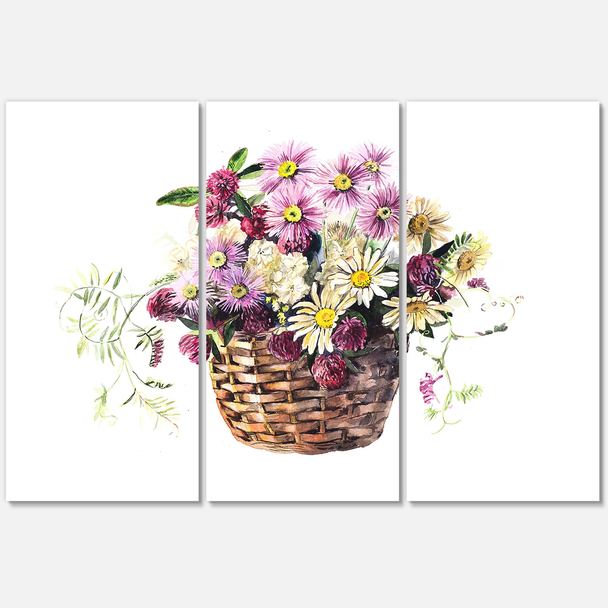 Designart - Bouquet From Meadow Flowers In The Basket - Traditional Canvas Wall Art Print