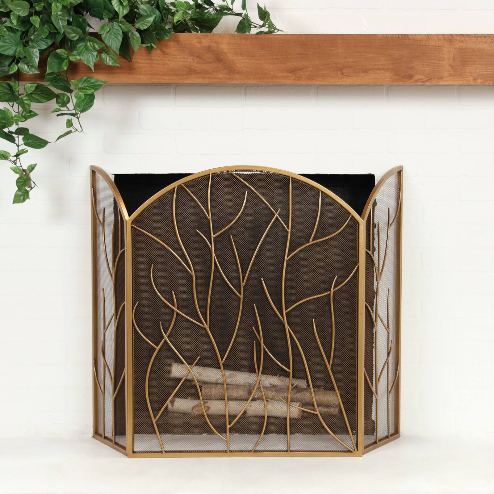 Gold Metal Tree Arched 3-Panel Fireplace Screen