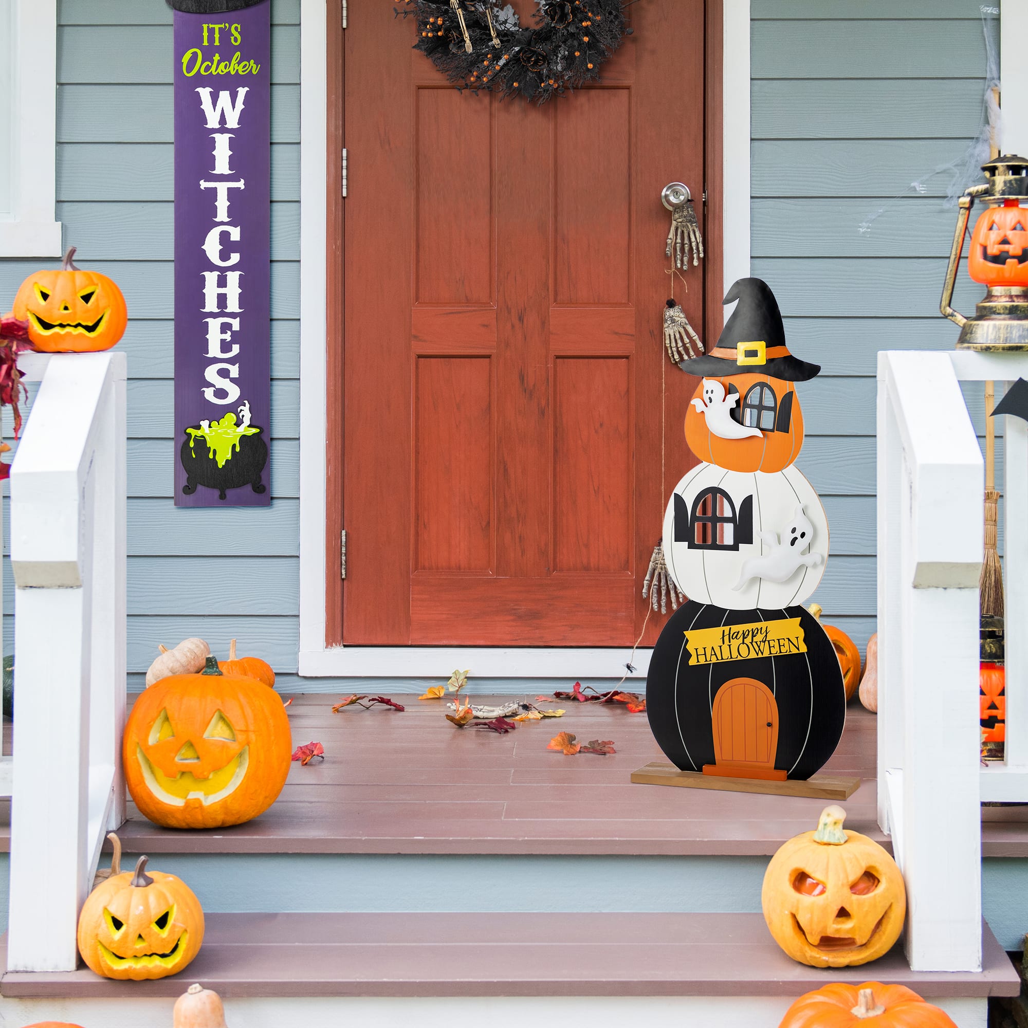 Glitzhome&#xAE; 35&#x22;H Halloween Wooden Pumpkin Haunted House Porch Decor