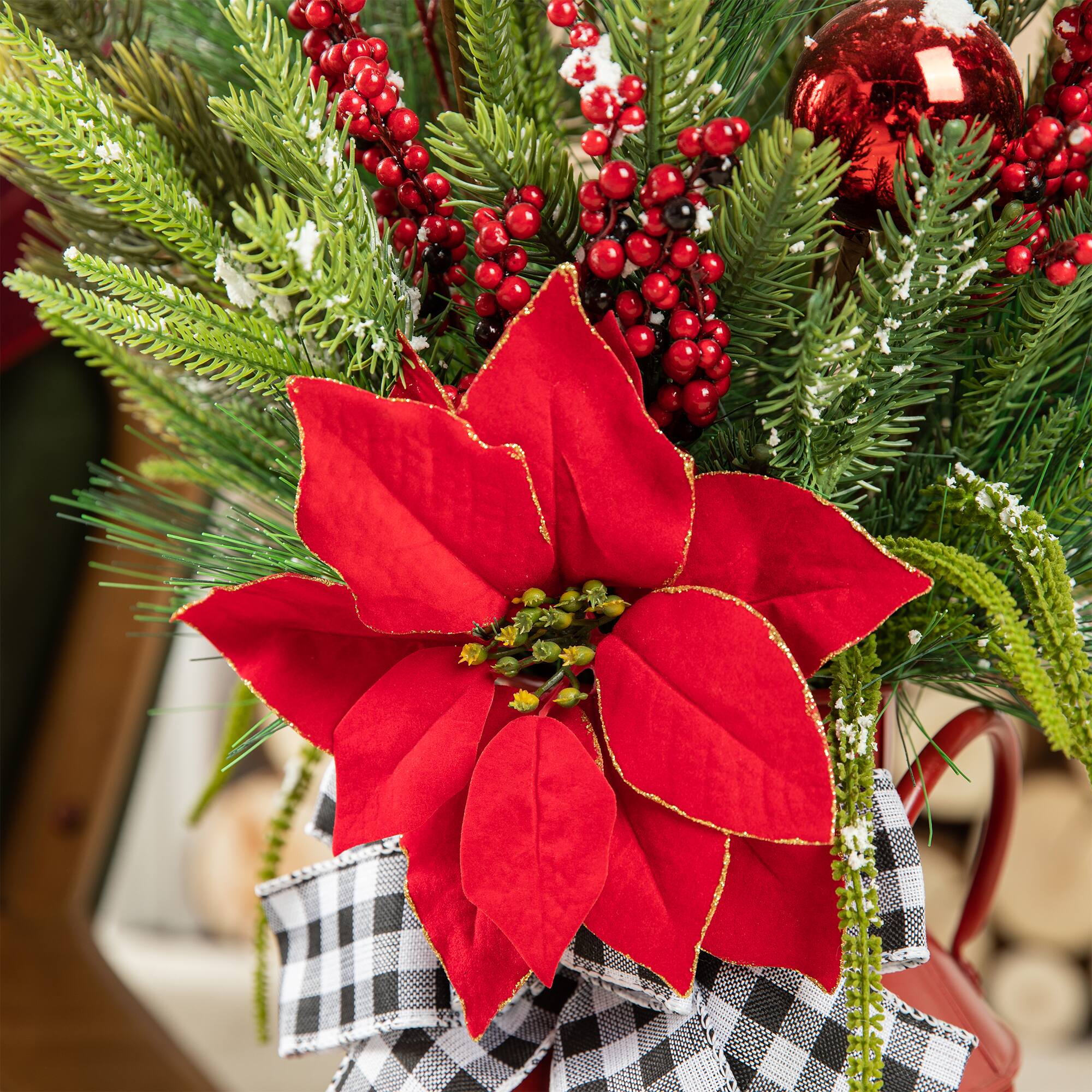 Glitzhome&#xAE; 35&#x22; Christmas Poinsettia Floral Porch Tree in Red Container