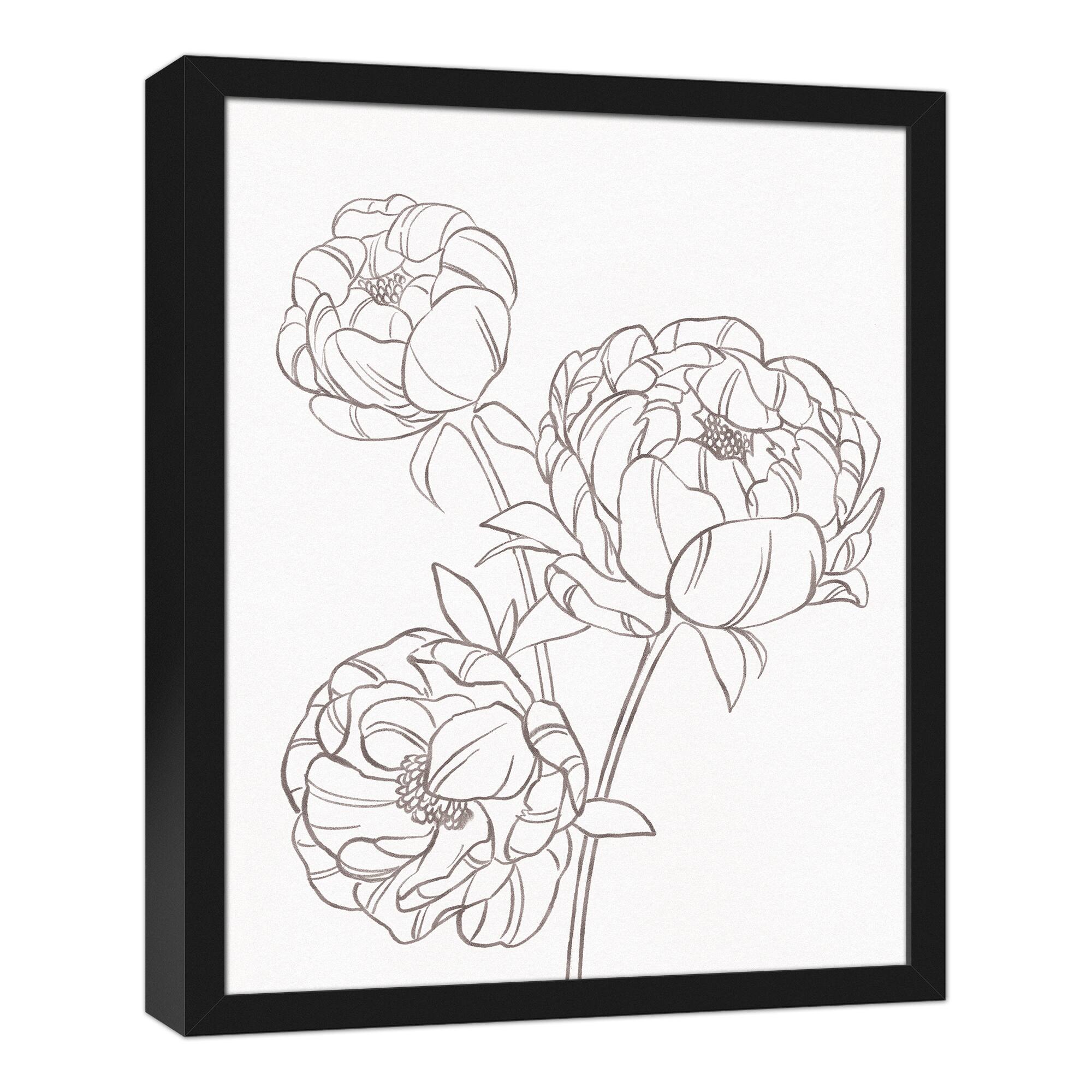 Gray Peony Sketch Black Framed Canvas