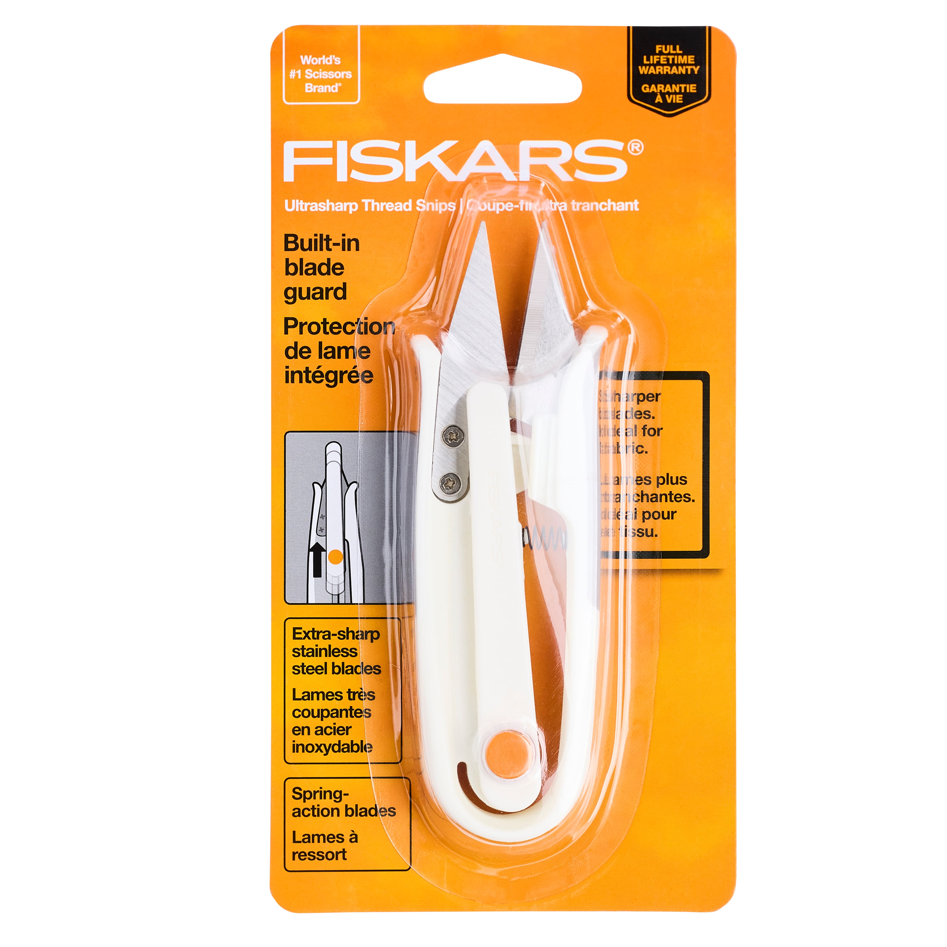 Perfect to snip threads and fabric! super sharp steel blades spring action blade Fiskars Scissors-Built in Blade guard