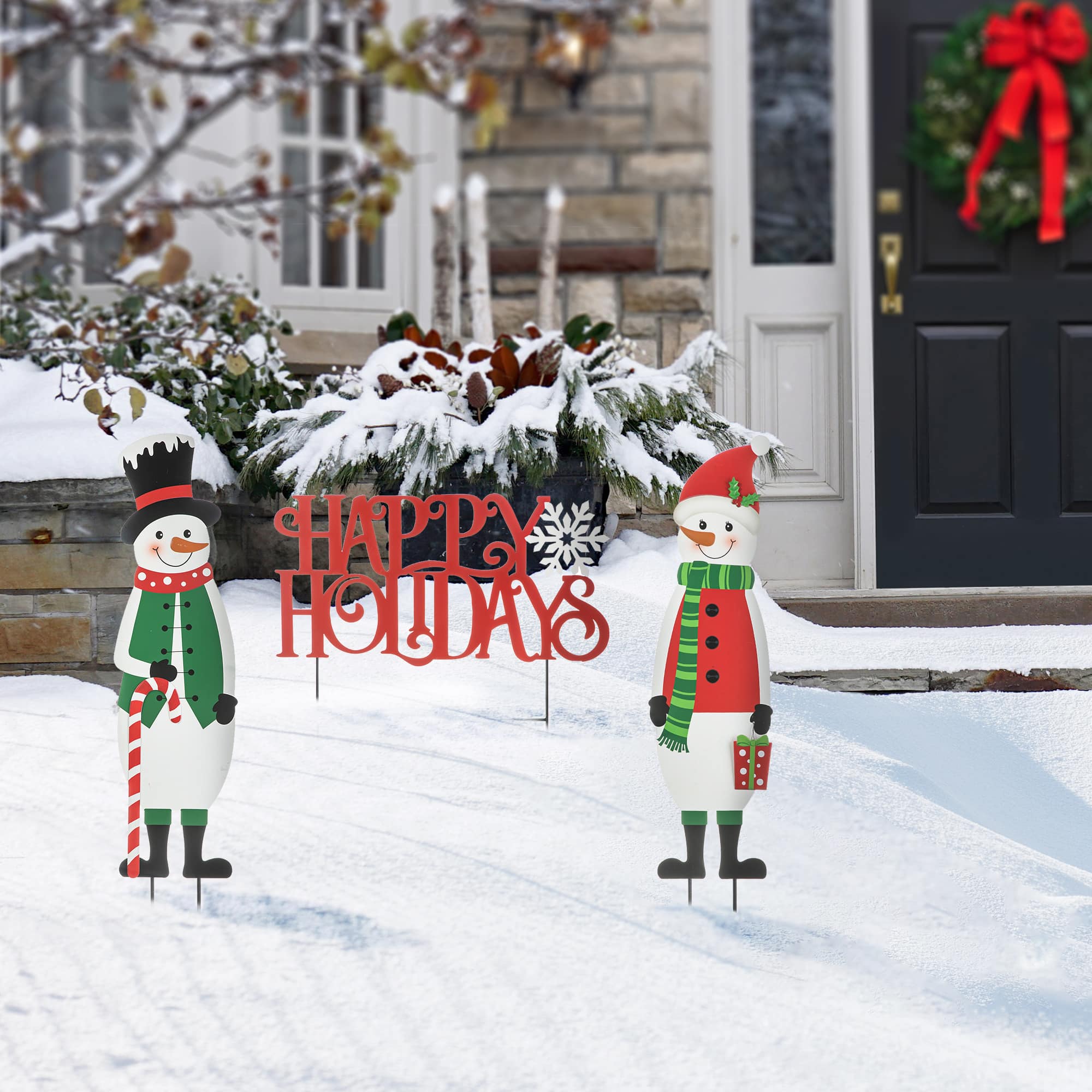 Glitzhome&#xAE; Metal Snowmen &#x26; Happy Holidays Yard Stake Set