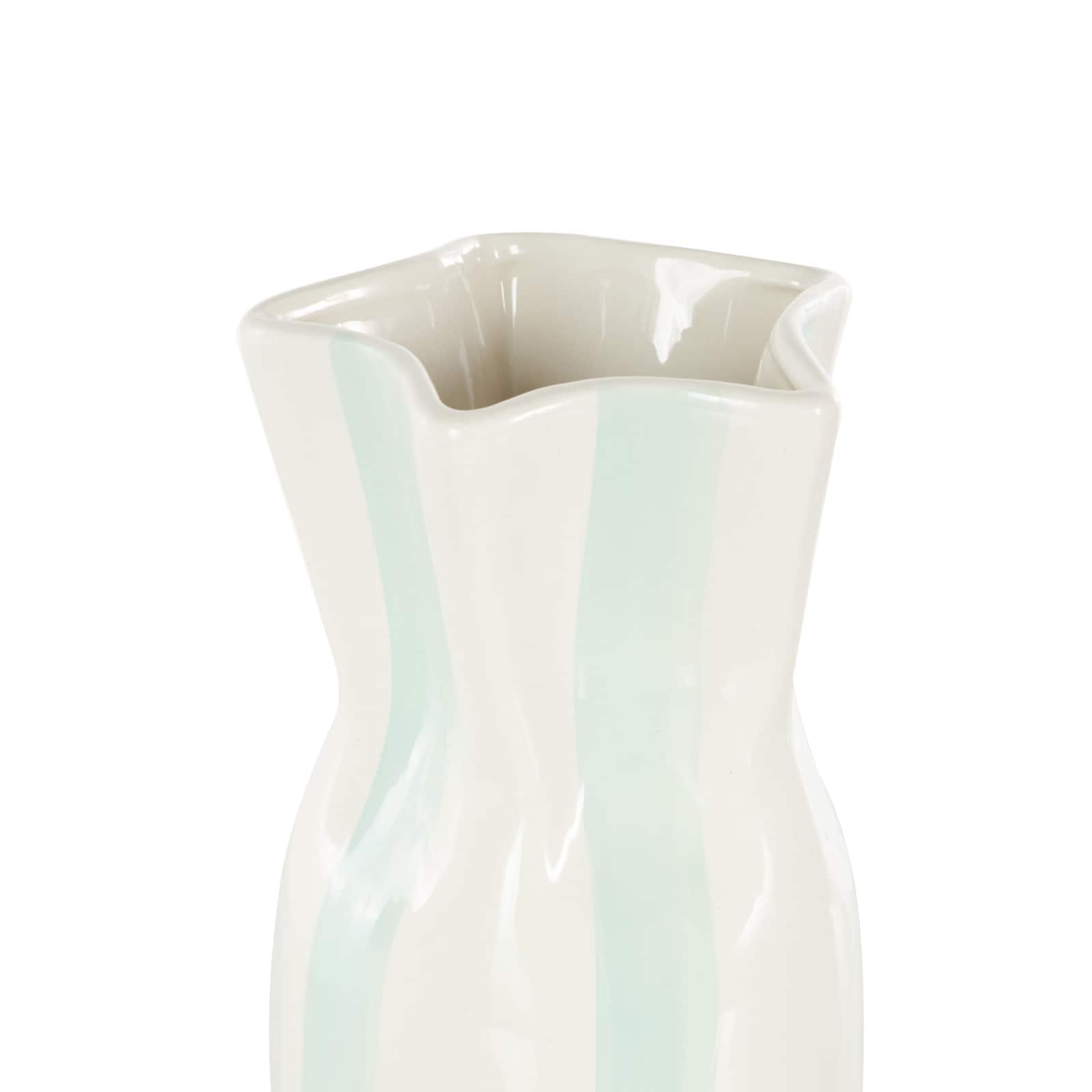 12" White & Teal Stripes Round Wide Ceramic Vase
