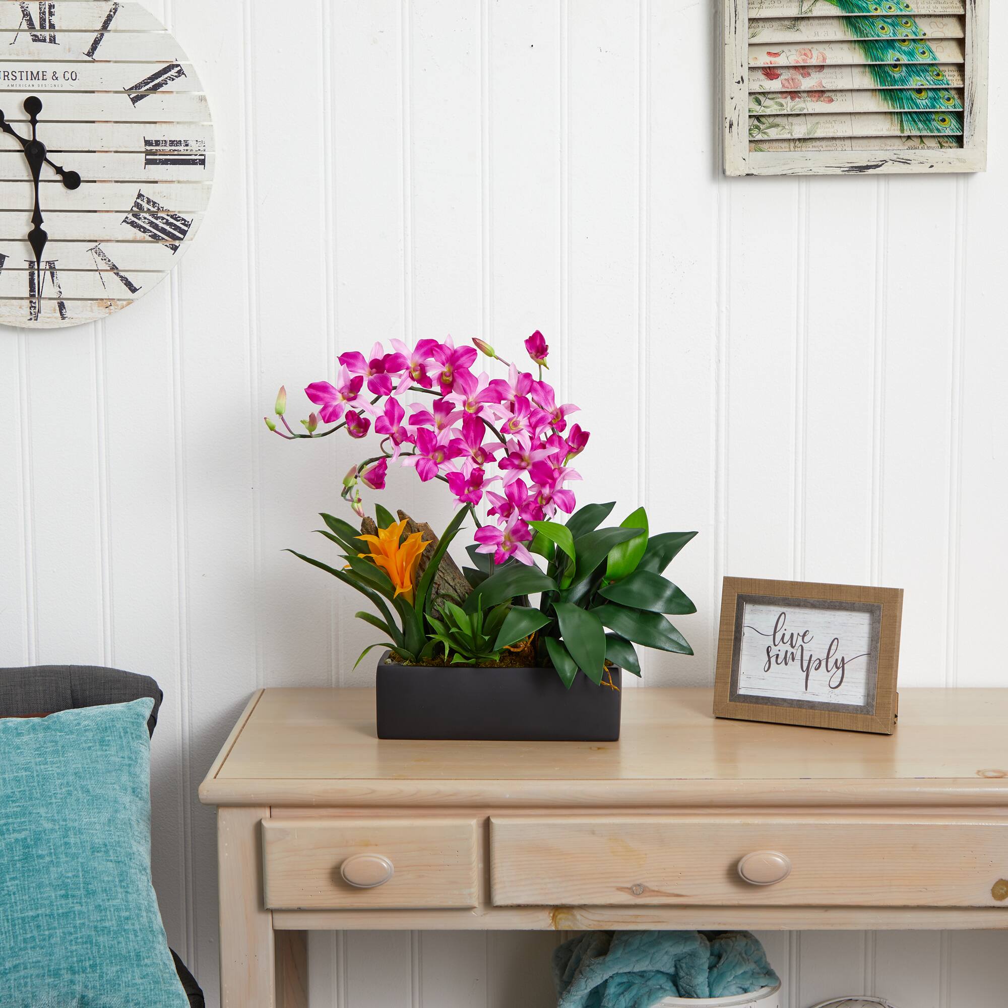 23.5" Purple Pigeon Orchid & Bromeliad Arrangement in Black Rectangle Planter