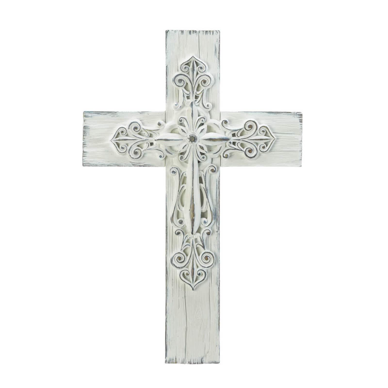 Ornate Whitewashed Cross 9&#x22; x 0.5&#x22; x 13.5&#x22;