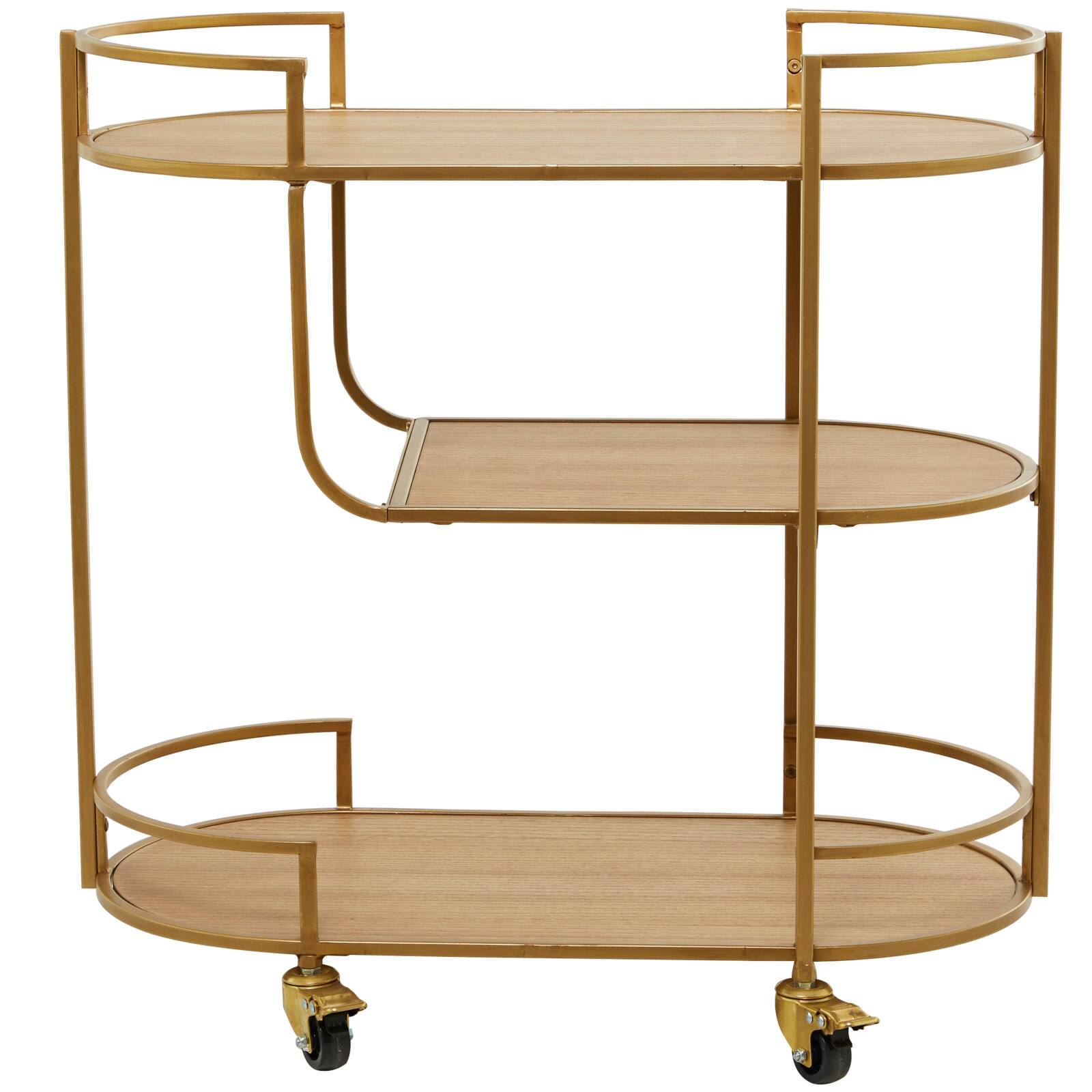 Gold Wood Rolling 3 Shelves Bar Cart with Handles 30&#x22; x 15&#x22; x 30&#x22;