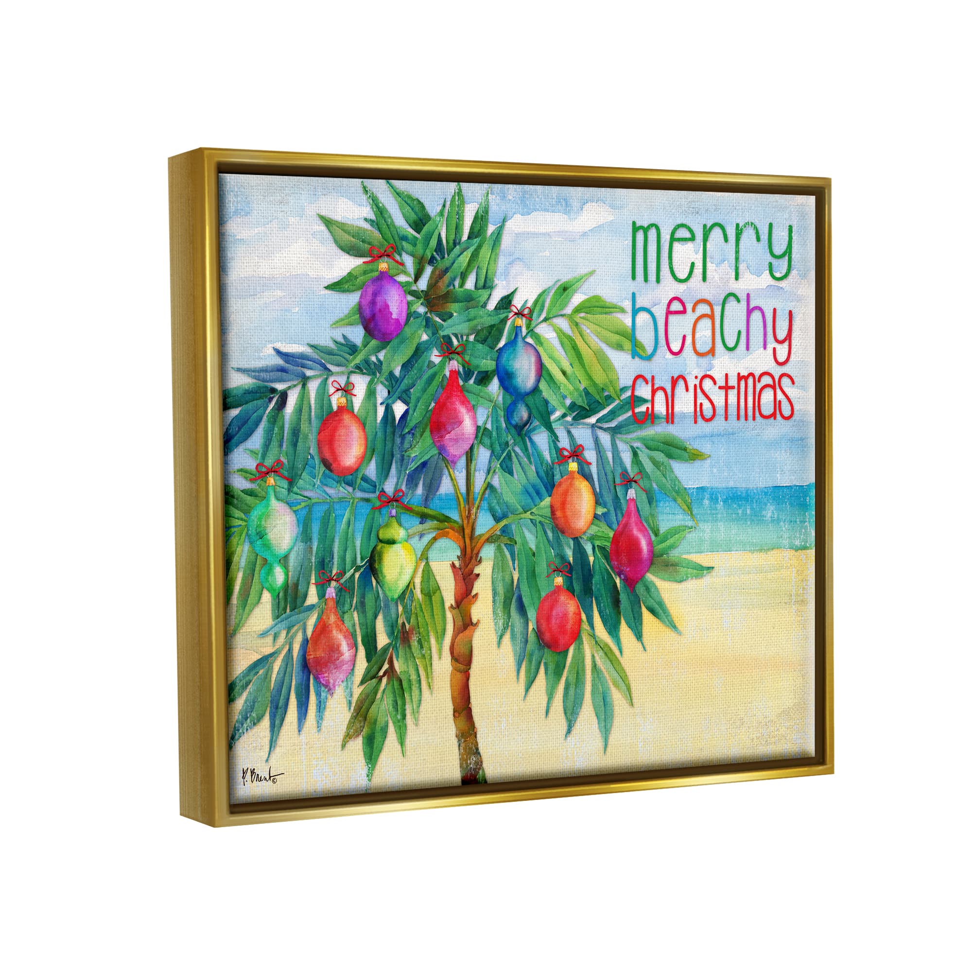 Stupell Industries Merry Beachy Christmas Holiday Palm Gold Framed Floater Canvas Wall Art