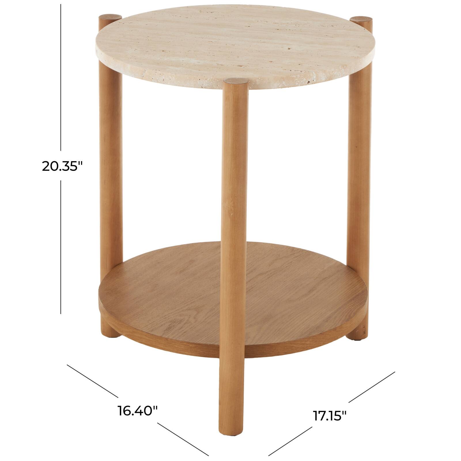 20.25" Brown Wood Handmade Round Side End Accent Table with Beige Marble Top