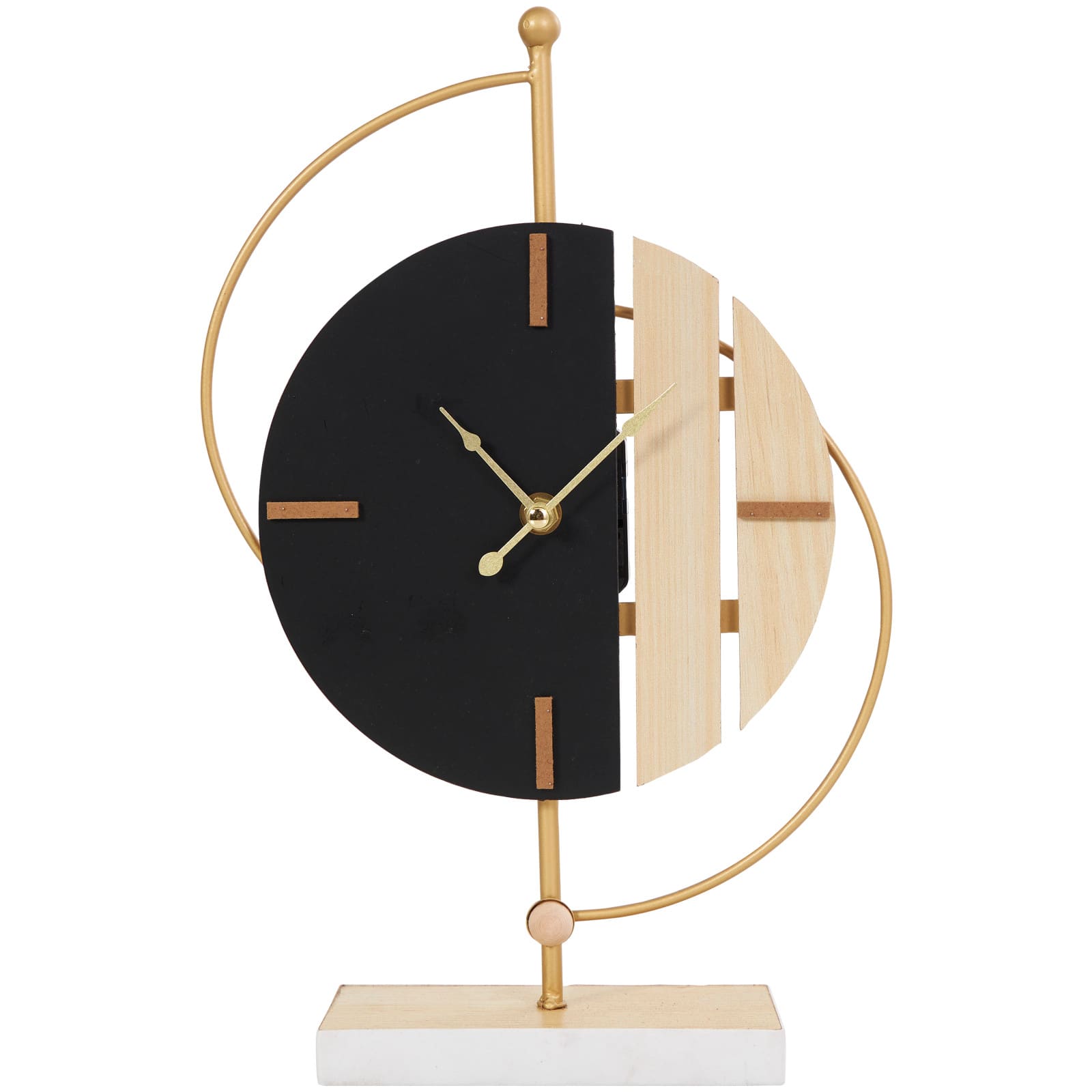 CosmoLiving by Cosmopolitan 14" Black Wooden Geometric Two-Toned Clock with Wood Accents & Gold Semicircle Frame