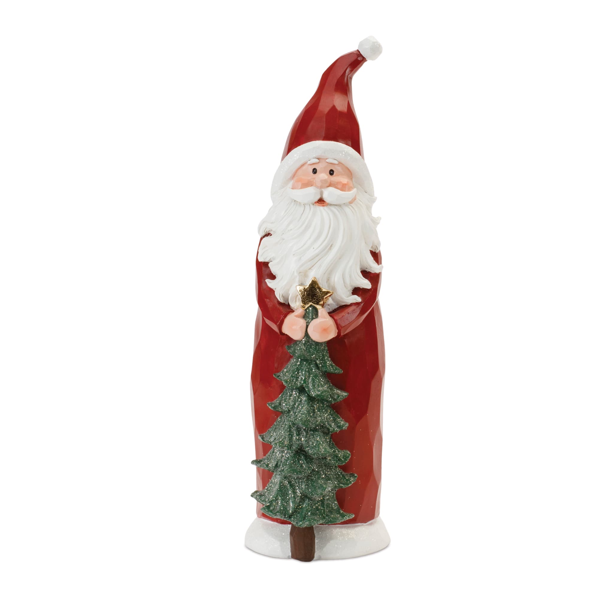 15" Carved Santa with Glittered Pine Set