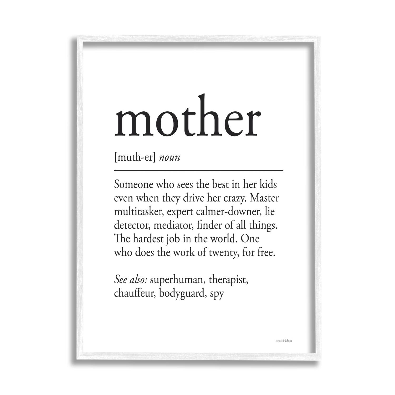 Stupell Industries Mother Definition Funny Motivational Phrase Superhuman Synonym Framed Giclee Art