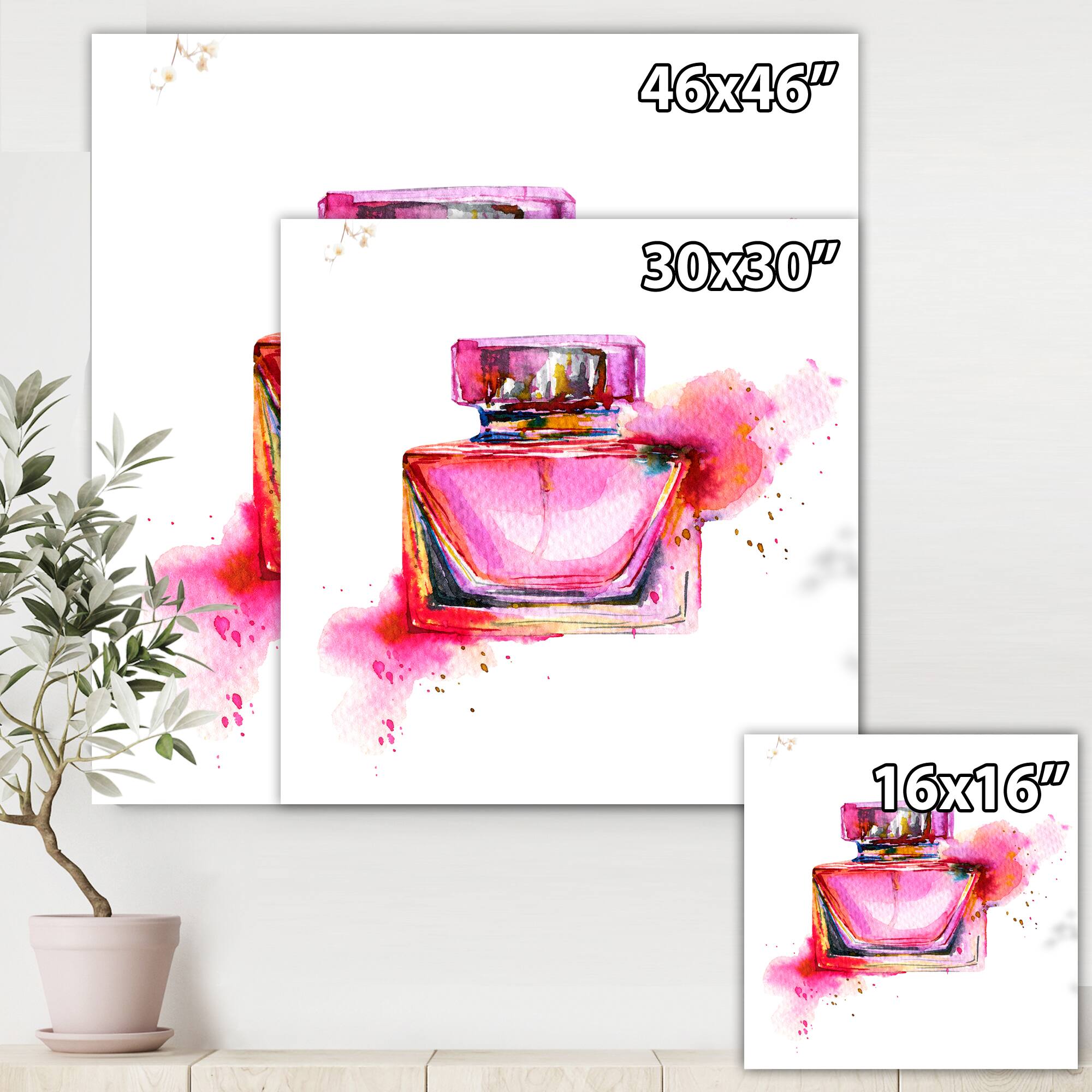 Designart - Bottle Of Perfume In Pink Watercolor - Modern Canvas Wall Art Print