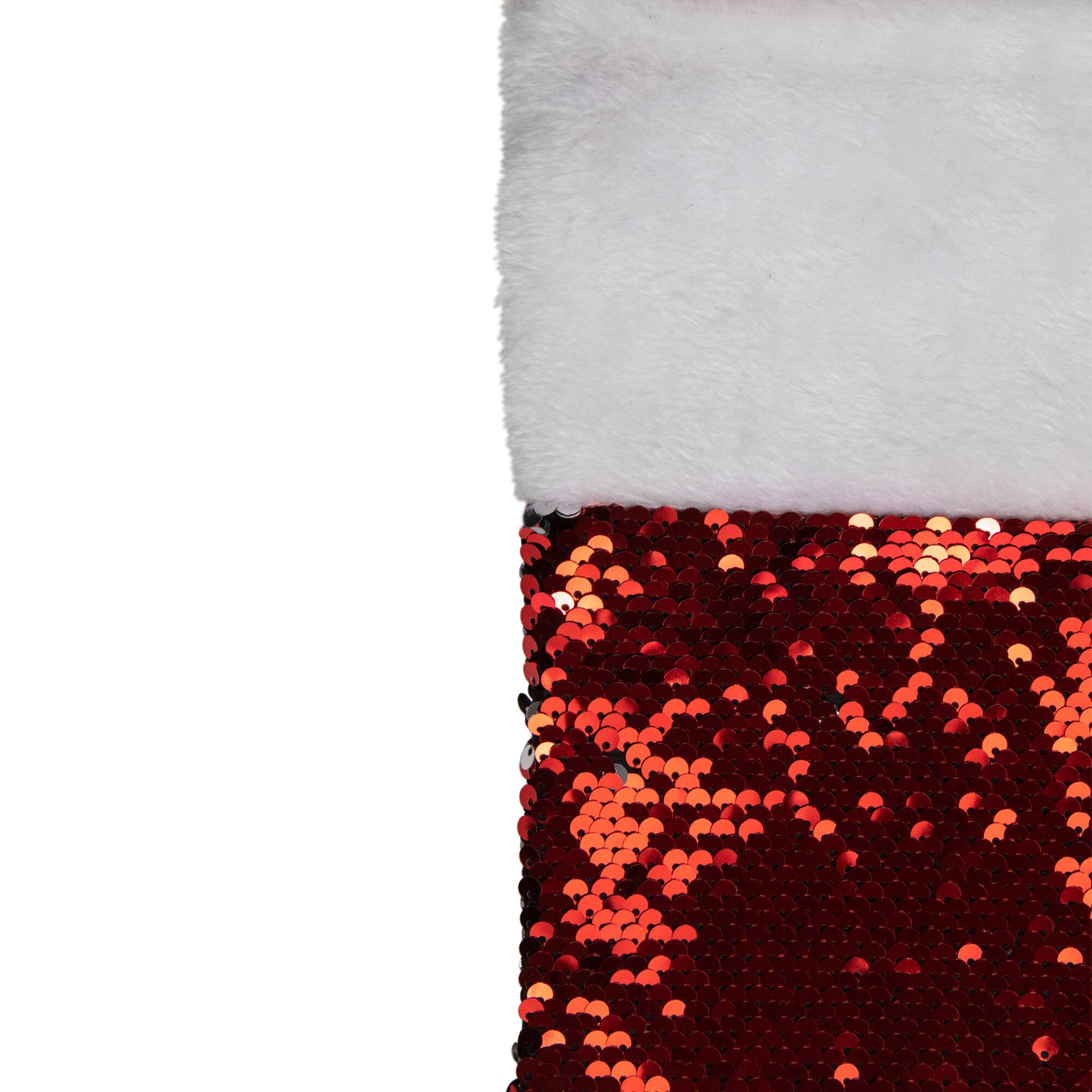 19&#x22; Red &#x26; Silver Sequin Christmas Stocking with White Faux Fur Cuff
