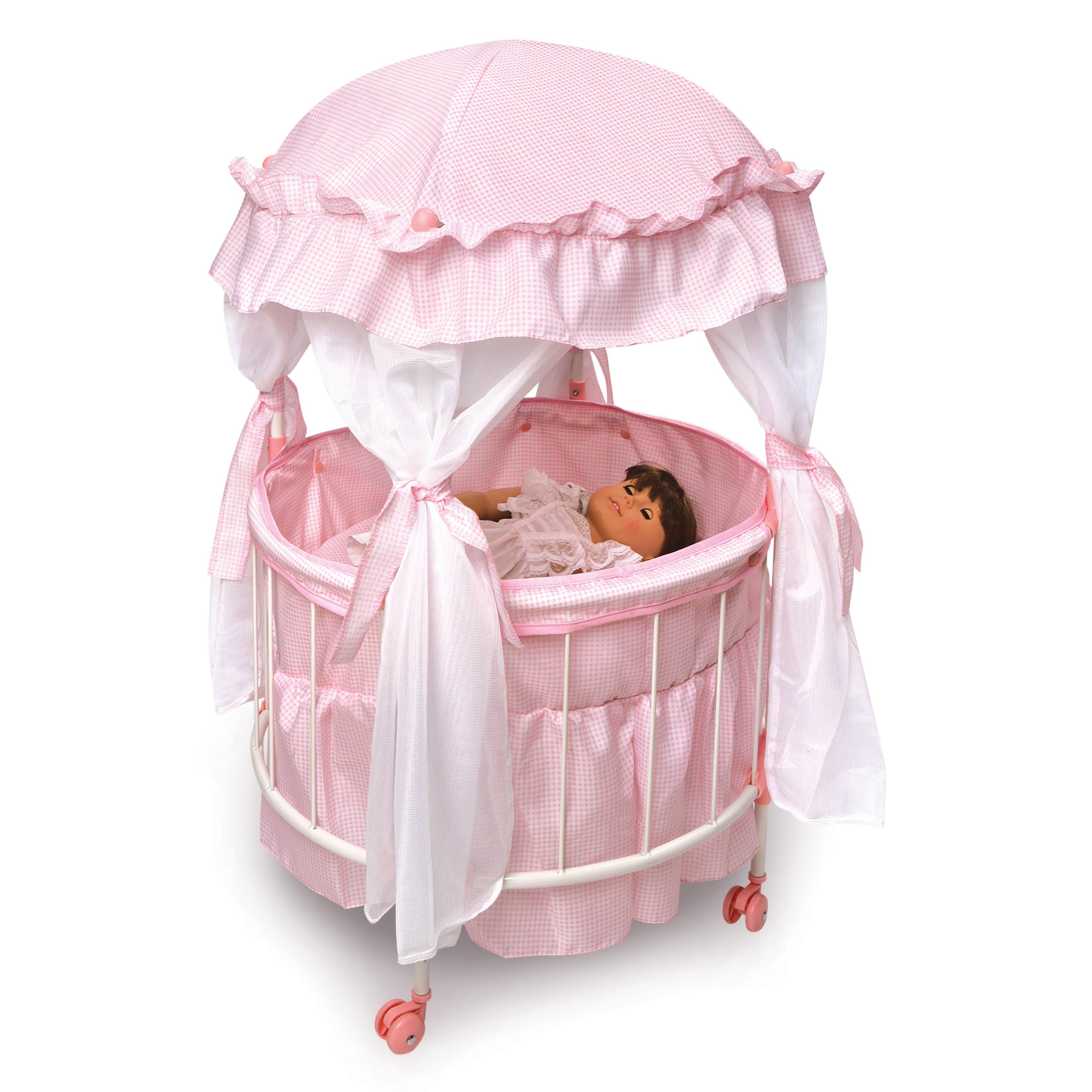 Badger Basket Pink &#x26; White Royal Pavilion Round Doll Crib with Canopy &#x26; Bedding