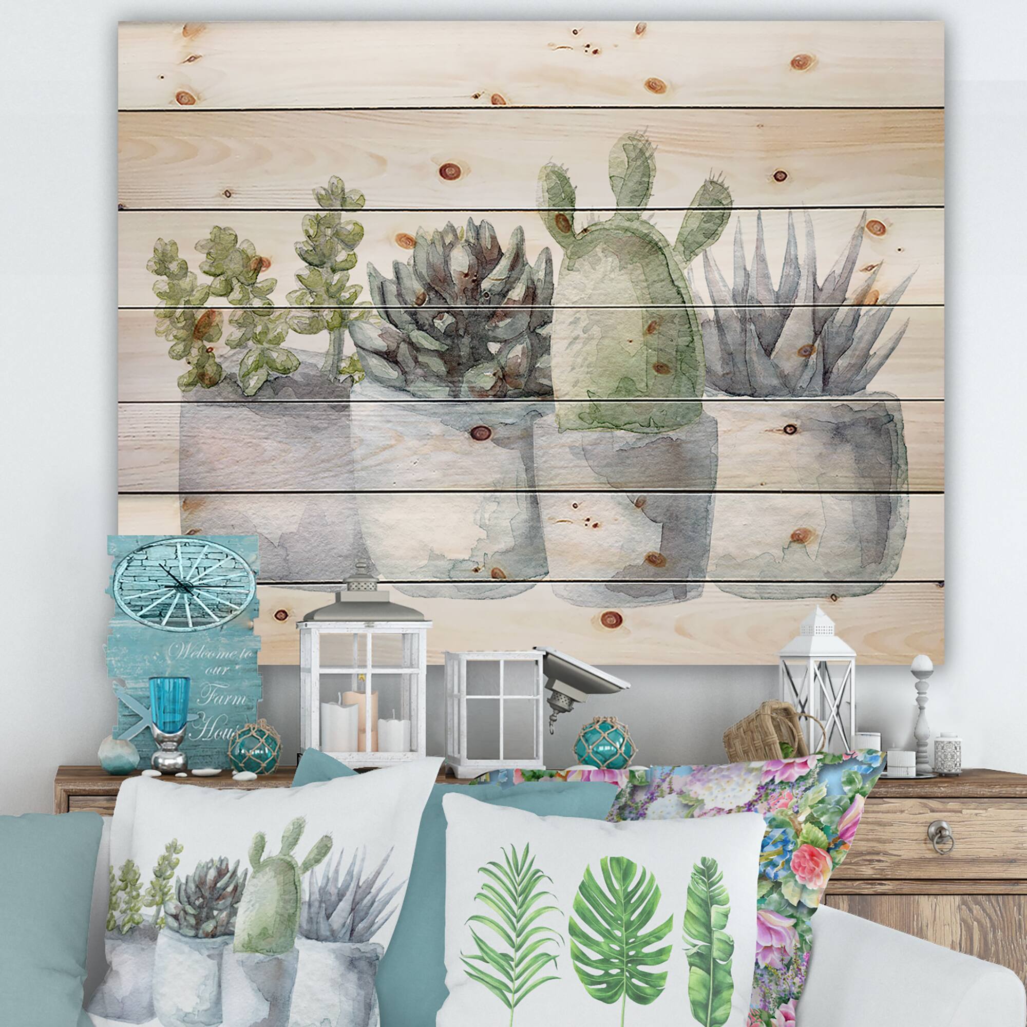 Designart - Cactus and Succulent House Plants I - Botanical Print on Natural Pine Wood
